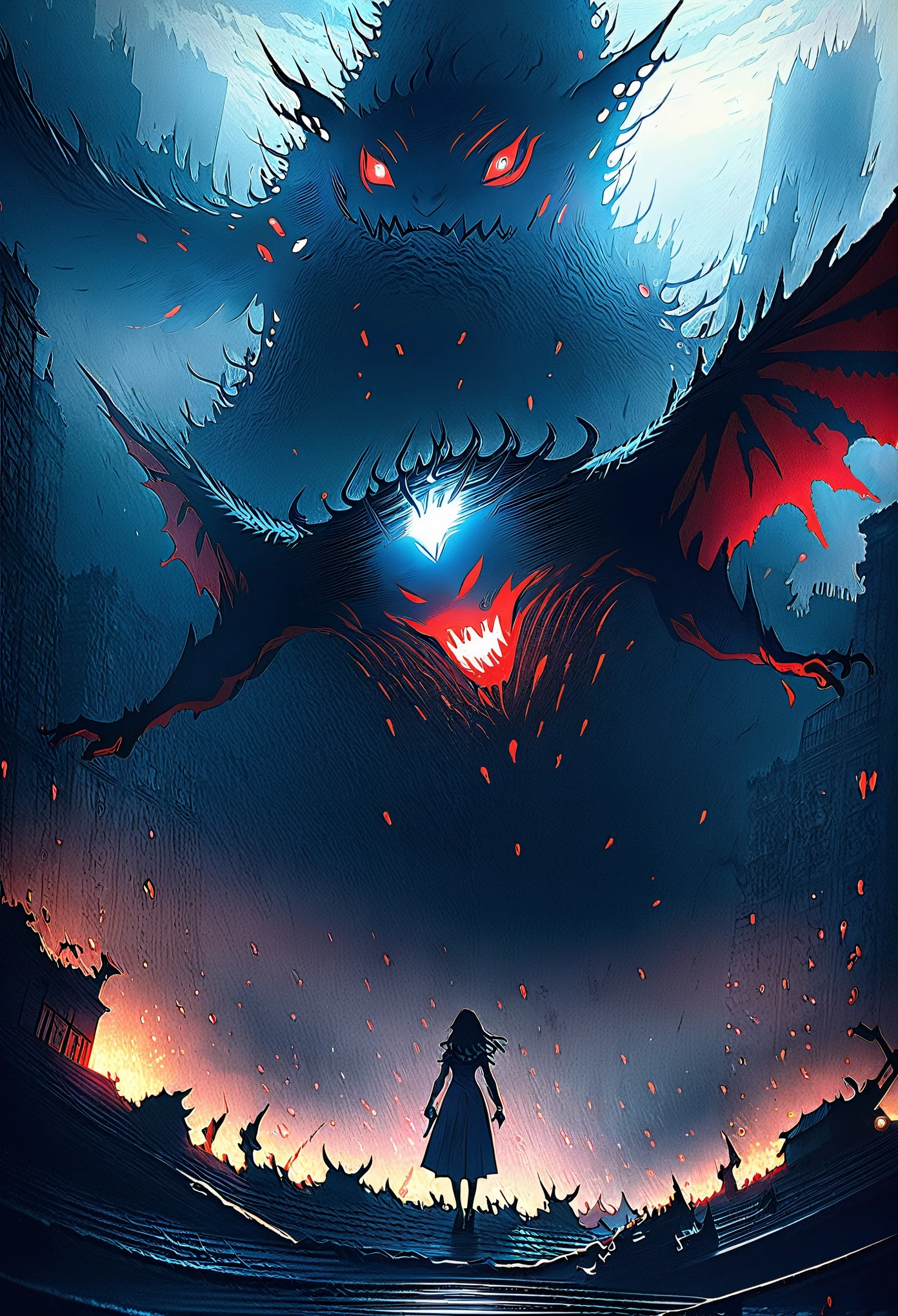 1girl, black hair, red eyes, fire witch, blood, light particles, light rays, wallpaper, high contrast, colorful,In the background of a desolate, post-apocalyptic cityscape, towering skyscrapers lie in ruins, their once gleaming facades now weathered and decayed. Amidst the rubble and debris, a portal flickers into existence, emanating an eerie, pulsating light. From within the depths of the portal emerges a horde of otherworldly demons, their twisted forms a stark contrast to the remnants of humanity struggling to survive.
The demons move with an unnatural grace, their elongated limbs and grotesque features marking them as creatures not of this world. Some crawl on all fours like beasts, while others hover effortlessly above the ground, their translucent wings shimmering in the dim light. Their eyes glow with an insatiable hunger as they survey the devastated landscape, searching for any signs of life to feed their insatiable thirst for chaos and destruction.
Meanwhile, the few remaining humans, armed with makeshift weapons and tattered clothing, huddle together in makeshift shelters, their faces etched with fear and desperation. They know that they are no match for the onslaught of demonic forces that now encroach upon their once proud civilization. Yet, even in the face of certain doom, a flicker of defiance burns within their hearts, driving them to fight for their survival against impossible odds.
As the two worlds collide in a cataclysmic battle for dominance, the fate of humanity hangs in the balance, teetering on the edge of oblivion. Will they be able to withstand the onslaught of the otherworldly invaders, or will they be consumed by the darkness that threatens to engulf them all? Only time will tell as the epic struggle between demons and humans unfolds in a world torn asunder by war and despair.Imagine a demon standing tall, its ebony skin glistening with an otherworldly sheen. Its eyes burn like smoldering coals, casting an eerie glow that pierces thr