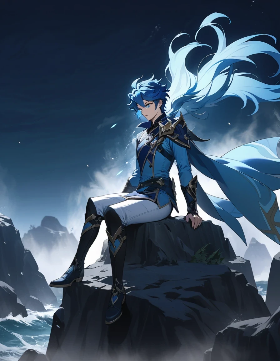 （Anime character boss with blue hair and blue eyes sitting on the cliff） ,Handsome guy in the art of slaying demons, wearing blue clothing，Flying clothes，Strong wind，Dense fog，blue genshin impact style, beautiful androgynous prince, video game 原神 impact,  night，sea，rock，