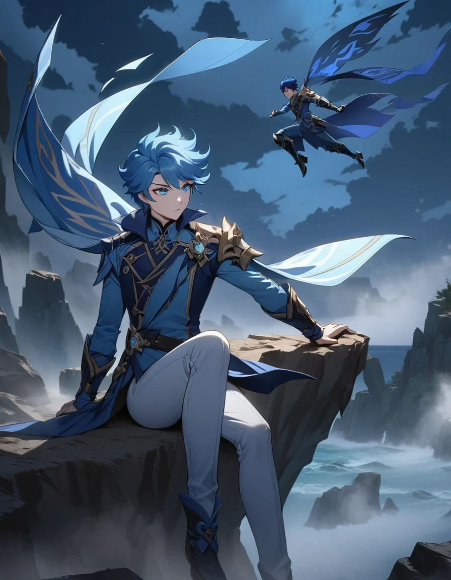 （Anime character boss with blue hair and blue eyes sitting on the cliff） ,Handsome guy in the art of slaying demons, wearing blue clothing，Flying clothes，Strong wind，Dense fog，blue genshin impact style, beautiful androgynous prince, video game 原神 impact,  night，sea，rock，