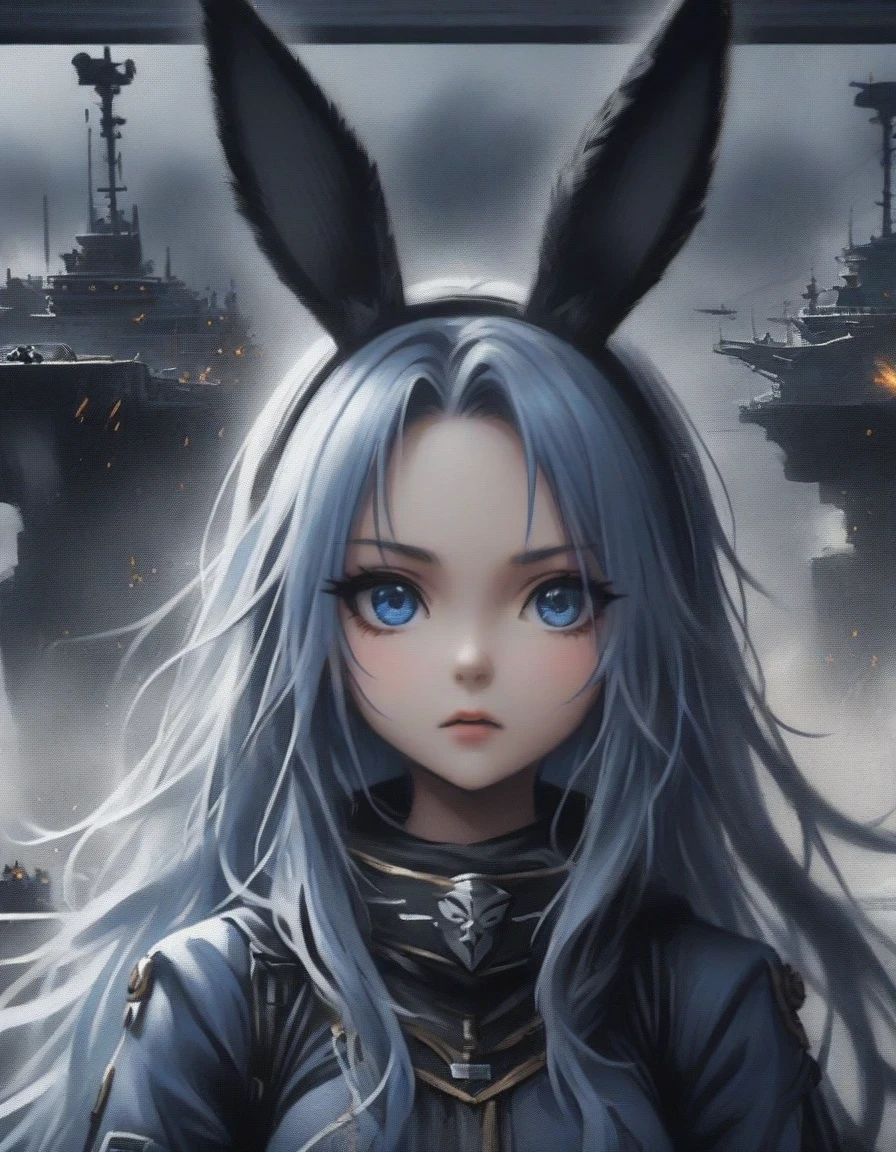 Close-up of Shangri-La, a girl alone, making a battle plan,  bunny ears，video game《Azur route》role in, ,，Ark Night,  fine details., Azure Lane style, aircraft carrier girl，The strongest hero，Military temperament，background aircraft carrier，flue gas，lightning，blue theme，