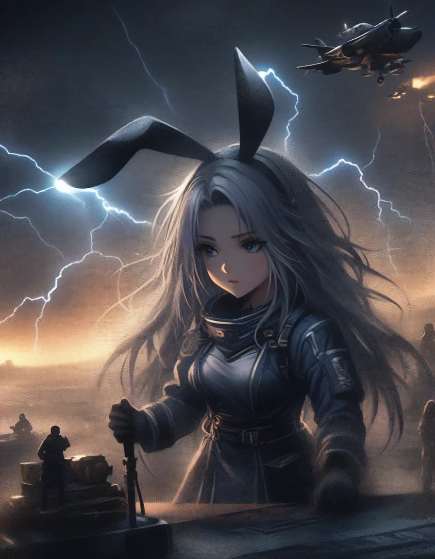 Close-up of Shangri-La, a girl alone, making a battle plan,  bunny ears，video game《Azur route》role in, ,，Ark Night,  fine details., Azure Lane style, aircraft carrier girl，The strongest hero，Military temperament，background aircraft carrier，flue gas，lightning，blue theme，