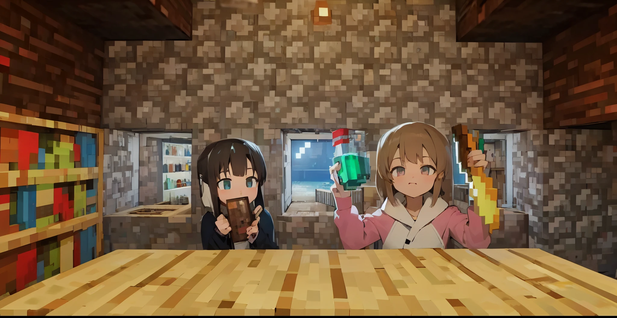 ((personagen de anime:0.5)) em uma sala com piso de madeira e parede de tijolos, Holding a potion, (Estilo Minecraft:1.2), No bar, fundo de anime, fundo da taverna, restaurant!, in estilo de minecraft, em um bar, restaurant!!, Yuruyuri, em um pub, anime estilizado, sitting em um bar, sentado no bar, em um bar, estilo de minecraft