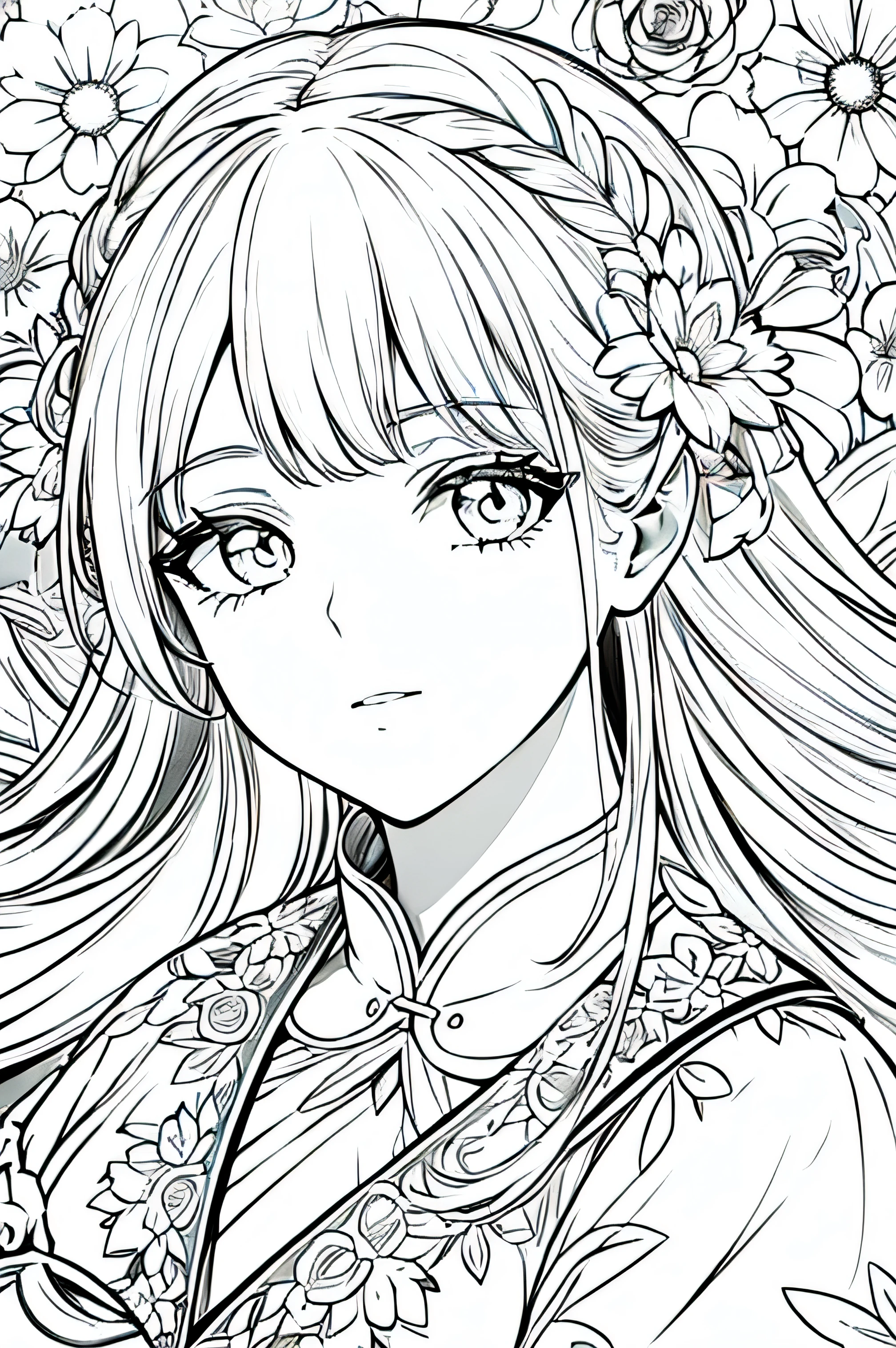 best quality, high resolution, detailed background, high contrast, 1 girl, close-up of the head, floral background, clean line drawings, vibrant colors