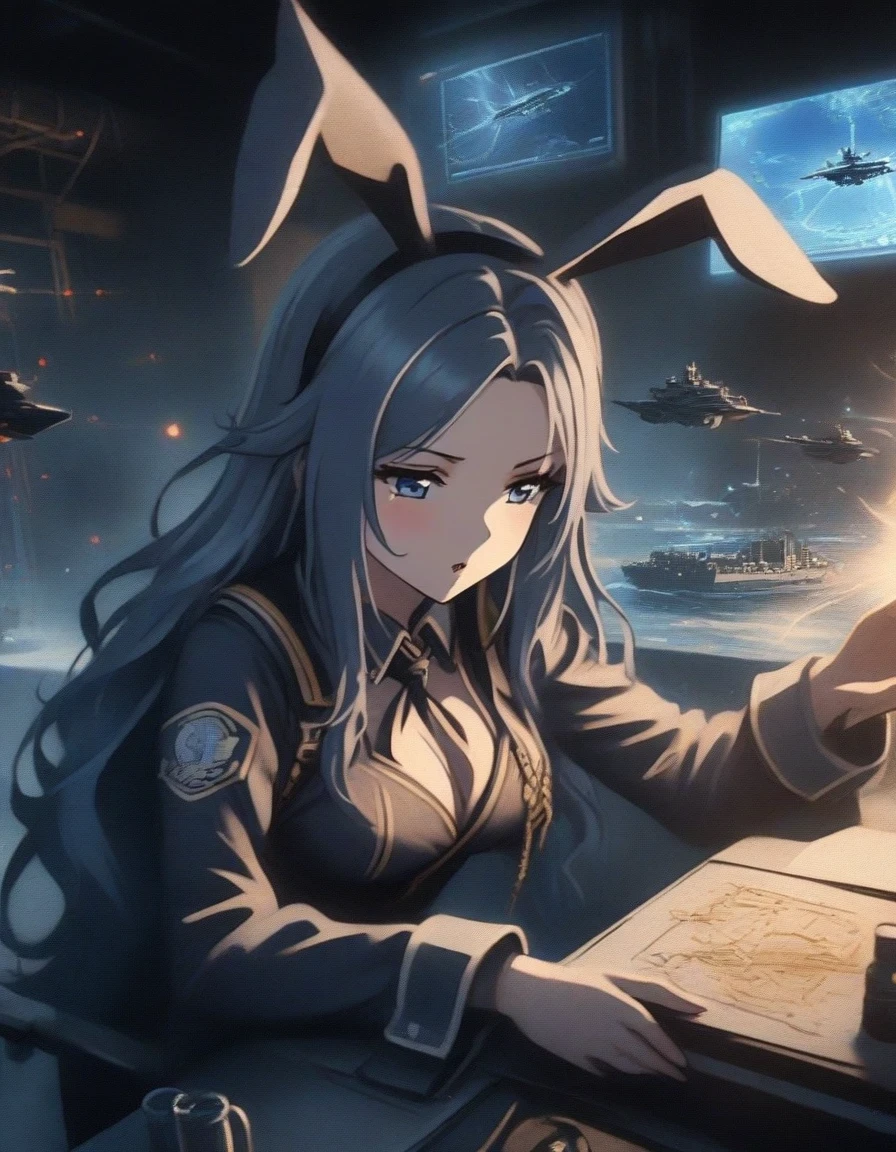 Close-up of Shangri-La, a girl alone, making a battle plan,  bunny ears，video game《Azur route》role in, ,，Ark Night,  fine details., Azure Lane style, aircraft carrier girl，The strongest hero，Military temperament，background aircraft carrier，flue gas，lightning，blue theme，