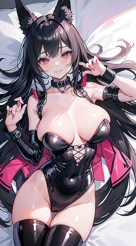 high quality, masterpiece, super detailed, 1 girl,  extremely detailed faces, Wedding dress，White latex bunny girl，White fishnet stockings，handcuffs，collar，Calm expression,Smile，handcuffs，collar，long black hair, charming pink eyes, fox ears, Ridiculously big, shiny skin, Outdoor sports, garden, Medieval western town, 