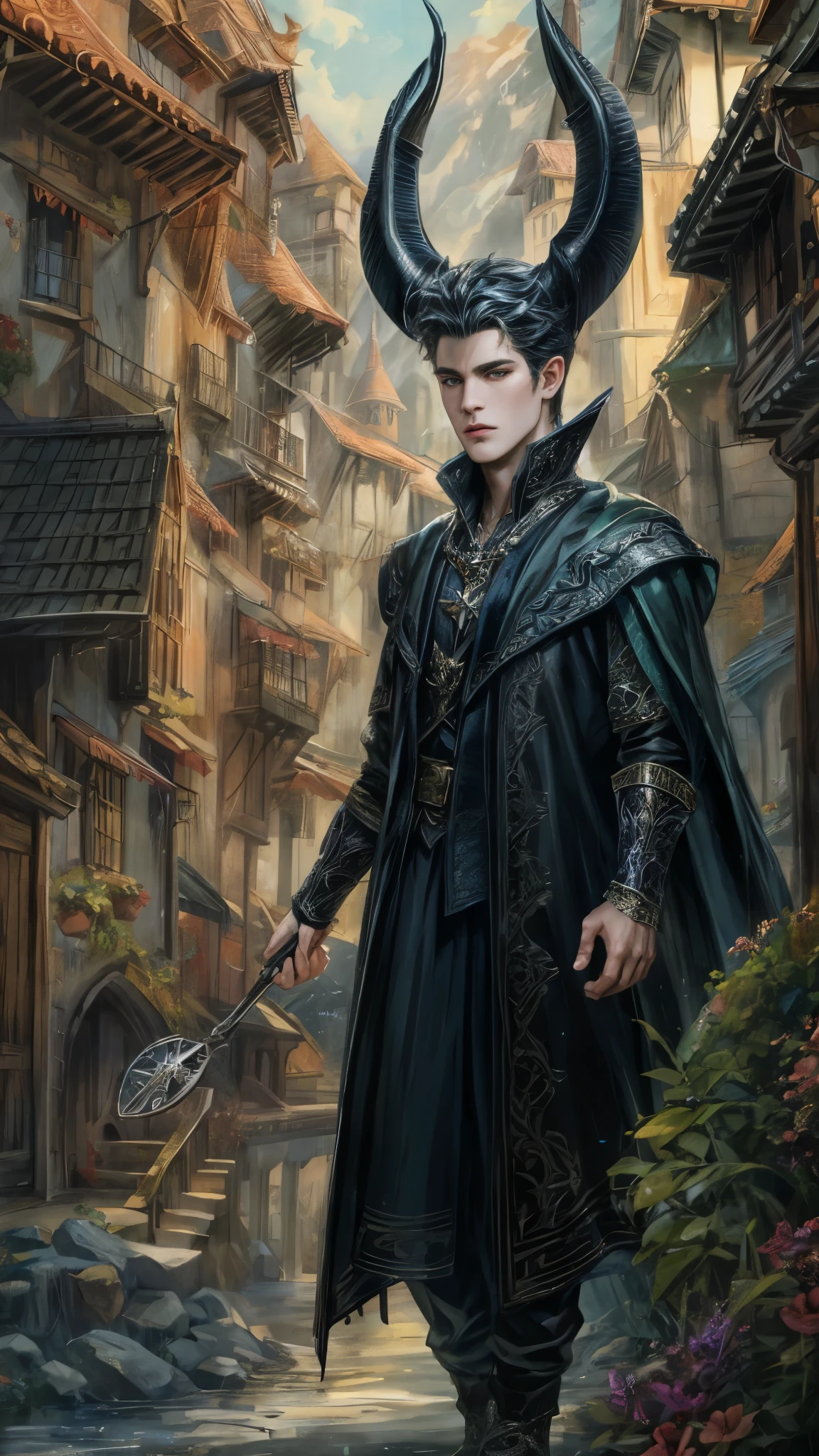 (absurdres, highres, ultra detailed, HDR), masterpiece, best quality, portrait of a prince character from "Maleficent", a male hero in a detailed scenery town, detailed background scenery 