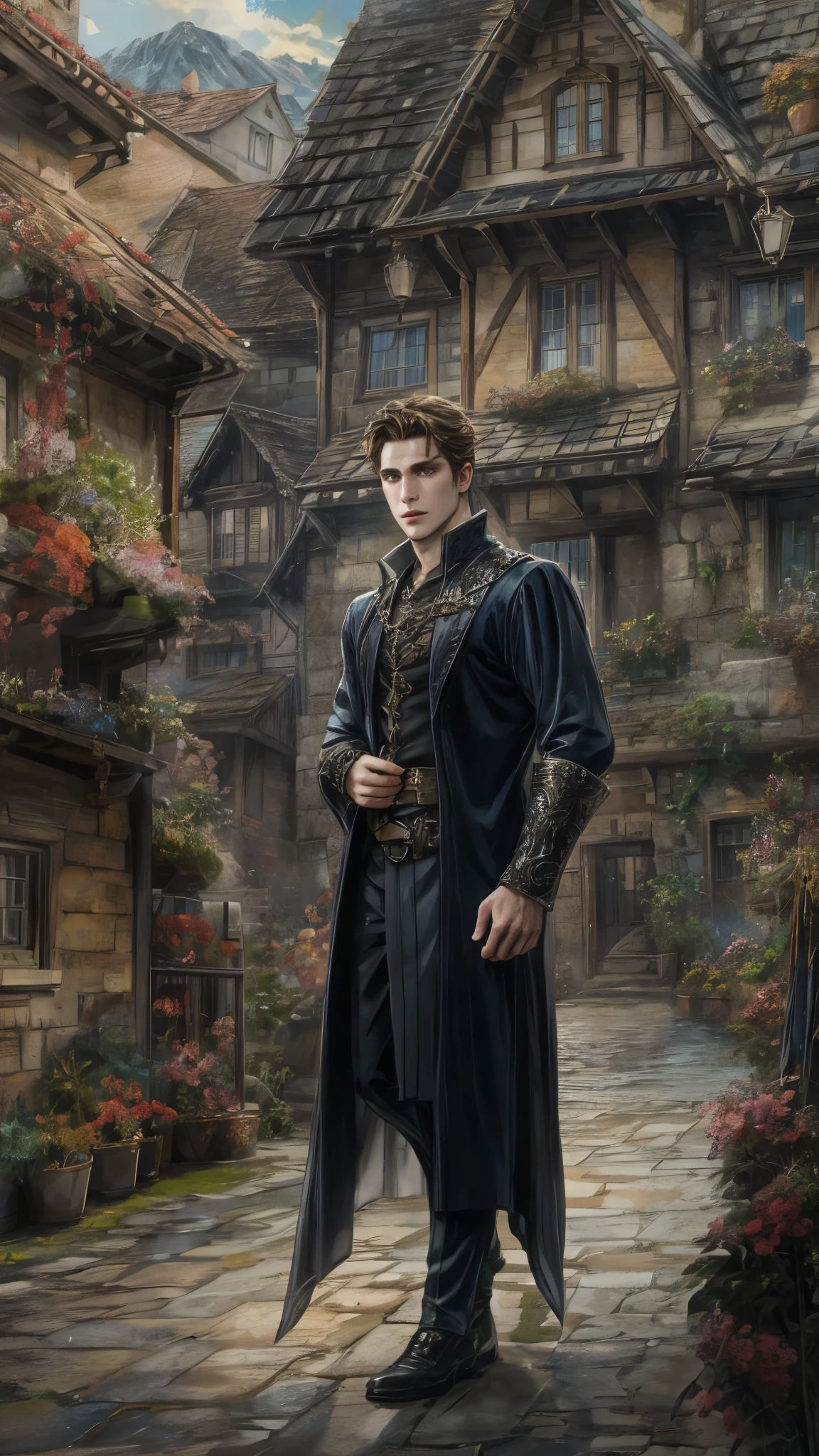 (absurdres, highres, ultra detailed, HDR), masterpiece, best quality, portrait of a prince character from "Maleficent", a male hero in a detailed scenery town, detailed background scenery 