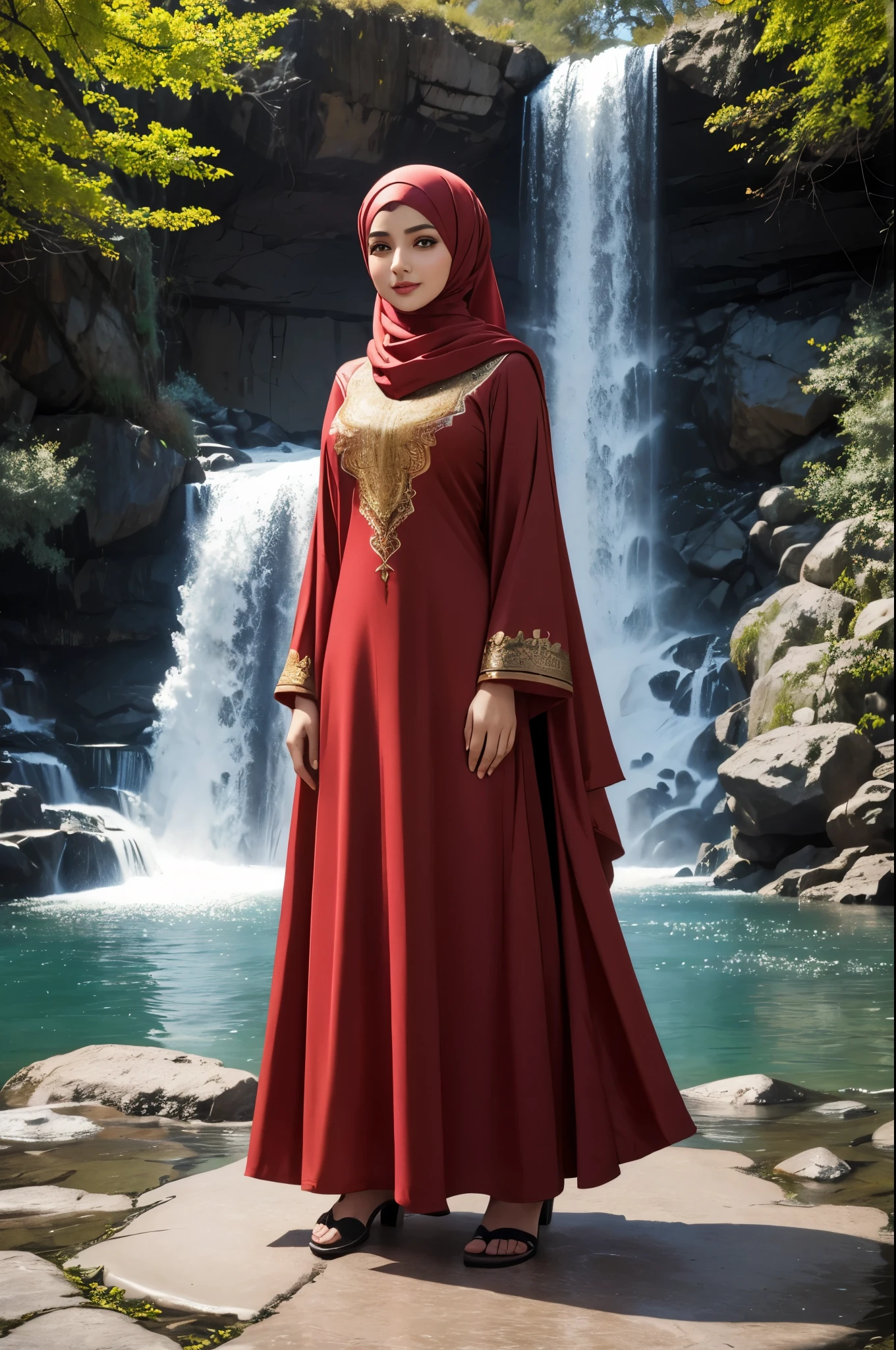 masterpiece、hightquality、hight resolution、Full-body realistic photos、1 Arabic celebrity、beautiful face, red lips, yellow brown eyes, warm smile, perfect body, Wearing long islamic stan amazing dresses, red dress, dress covering whole body to the feet 、full islamic hijab, long dress to feet, islamic arabic uniform with arabic style , wearing hijab cover whole hair, islamic uniform for arabic lady, hair covering with hijab, legs covering with islamic dress,full dress, Enhanced makeup、A detailed face、The best Arabian face、Full HD、vivd colour、Fuji Film、Super distinct, waterfalls nature background, don't show the legs