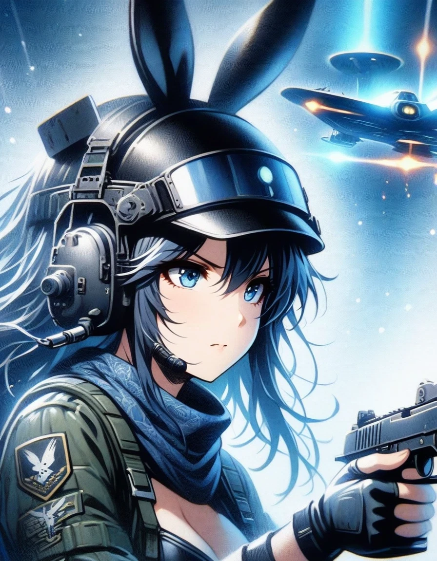 Close-up of Shangri-La, a girl alone, making a battle plan,  bunny ears，video game《Azur route》role in, ,，Ark Night,  fine details., Azure Lane style, aircraft carrier girl，The strongest hero，Military temperament，background aircraft carrier，flue gas，lightning，blue theme，