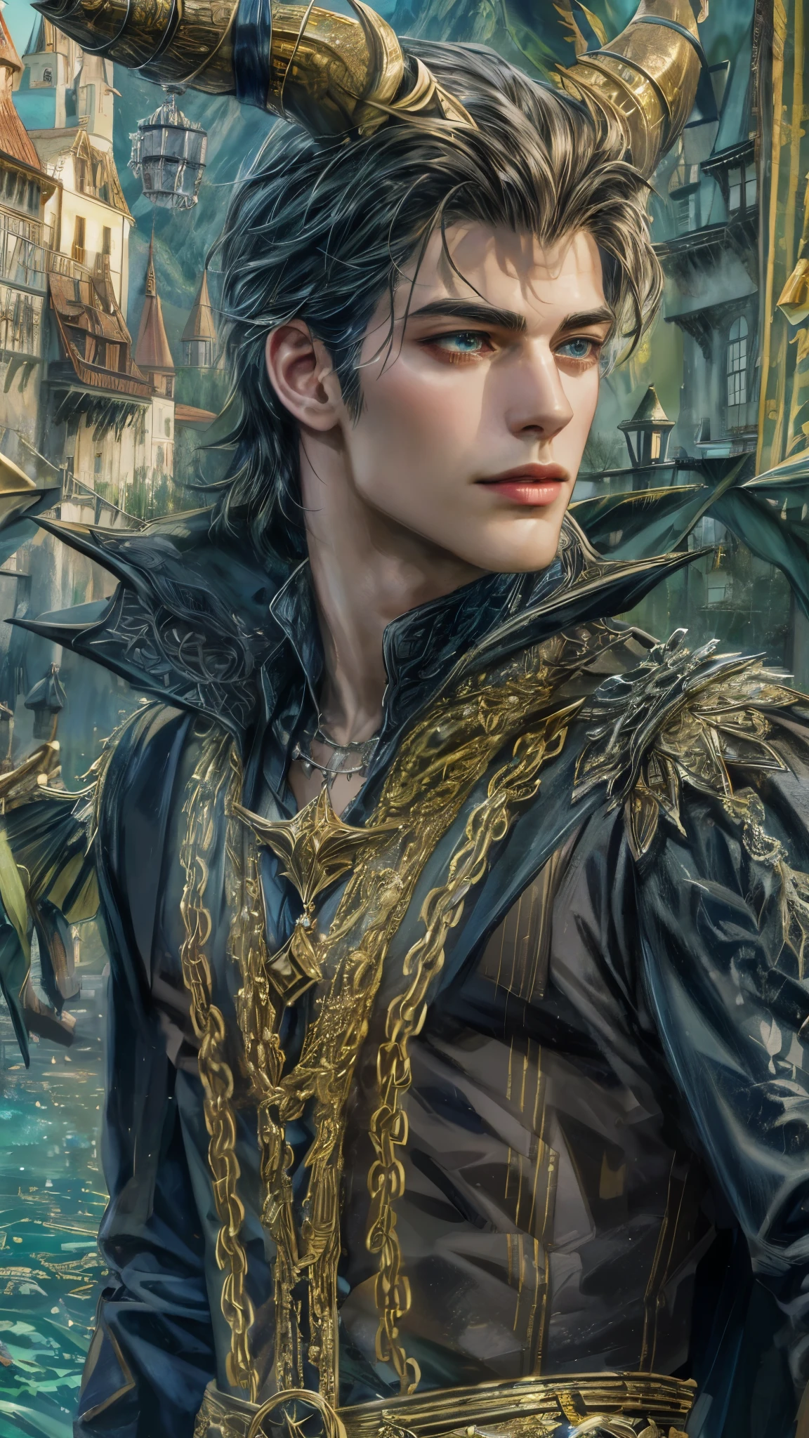 (absurdres, highres, ultra detailed, HDR), masterpiece, best quality, portrait of a prince character from "Maleficent", a male hero in a detailed scenery town, detailed background scenery