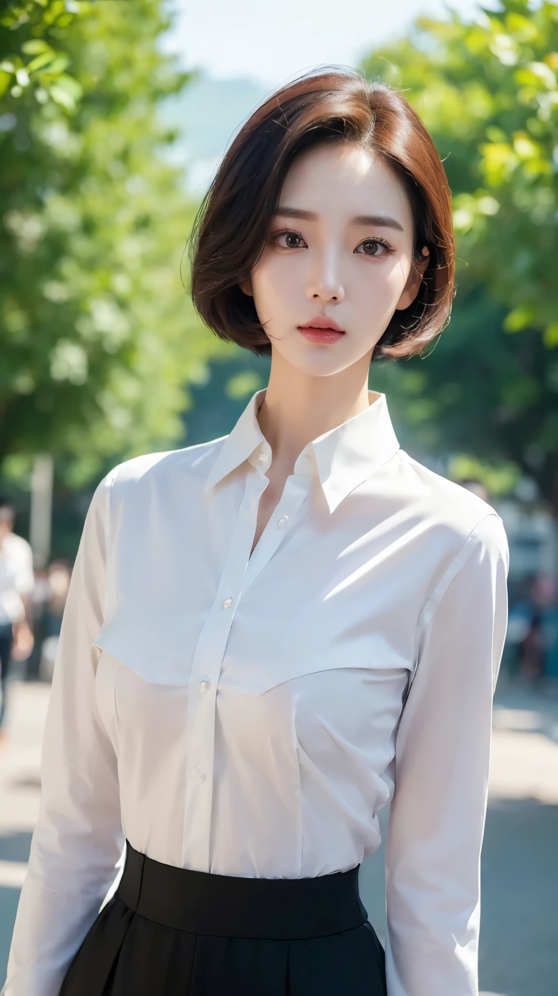 (((25 years old korean girl with white collared long shirt))), ((hazel eyes color, pale skin, bright skin, flawless skin)), (((perfect ideal body, slim waist, wide hips, perfect 38C breasts))), (((lust expression))), ((medium short hair and ears visible)), (((ultra realistic, ultra fine details, realistic person, HDR10+, Dolby Vision, golden ratio))), (((front view))), (((korean unique face, long face shape, wide forehead visible))), ((closeup body)), standing, ((dramatical, cinematic))), ((outdoor background)).