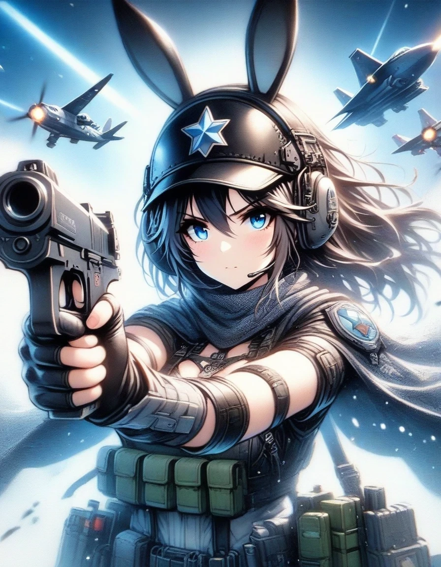 Close-up of Shangri-La, a girl alone, making a battle plan,  bunny ears，video game《Azur route》role in, ,Wearing a red five-pointed star badge，Ark Night,  fine details., Azure Lane style, aircraft carrier girl，The strongest hero，Military temperament，background aircraft carrier，flue gas，lightning，blue theme，