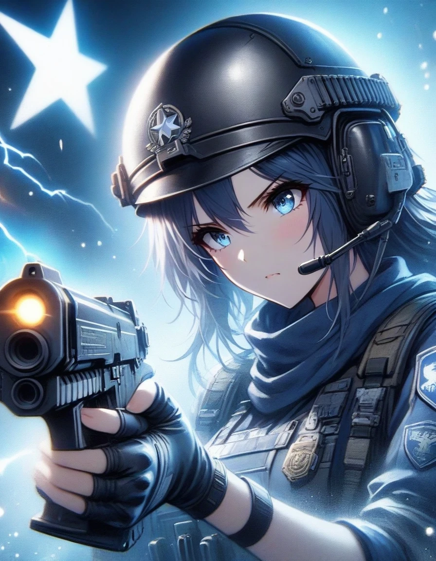 Close-up of Shangri-La, a girl alone, making a battle plan,  wearing a helmet，video game《Azur route》role in, ,Wearing a red five-pointed star badge，Ark Night,  fine details., Azure Lane style, aircraft carrier girl，The strongest hero，Military temperament，background aircraft carrier，flue gas，lightning，blue theme，