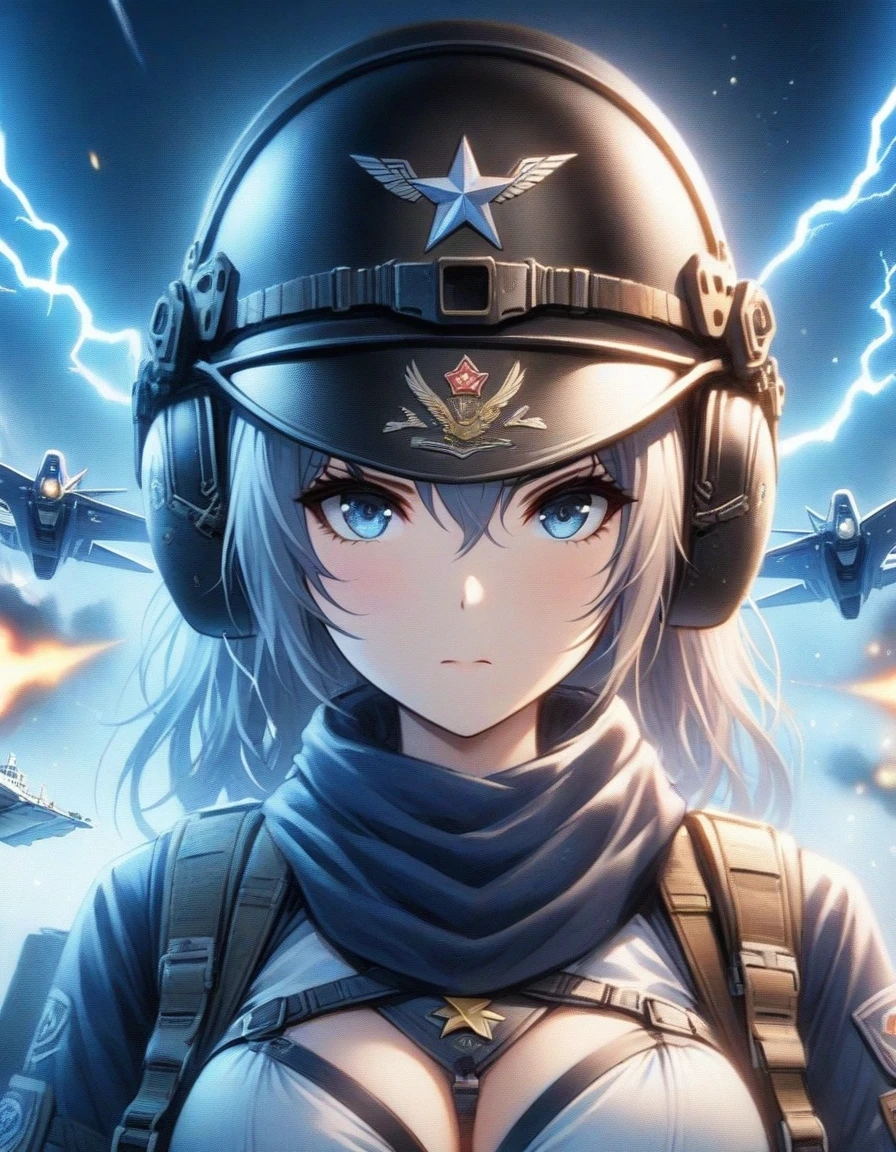 Close-up of Shangri-La, a girl alone, making a battle plan,  wearing a helmet，video game《Azur route》role in, ,Wearing a red five-pointed star badge，Ark Night,  fine details., Azure Lane style, aircraft carrier girl，The strongest hero，Military temperament，background aircraft carrier，flue gas，lightning，blue theme，