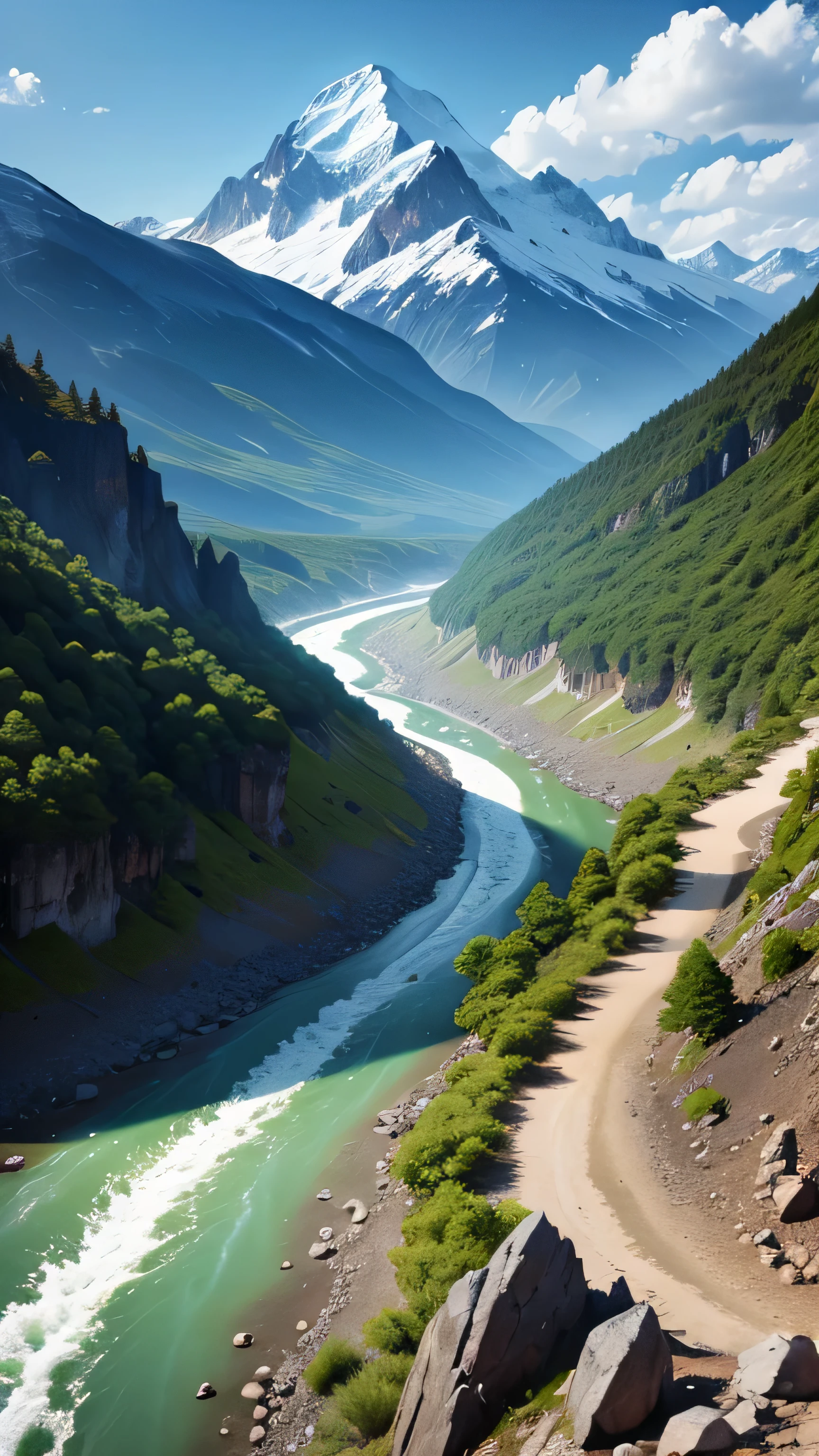 a mountain with a clear river flowing, 8k, high resolution