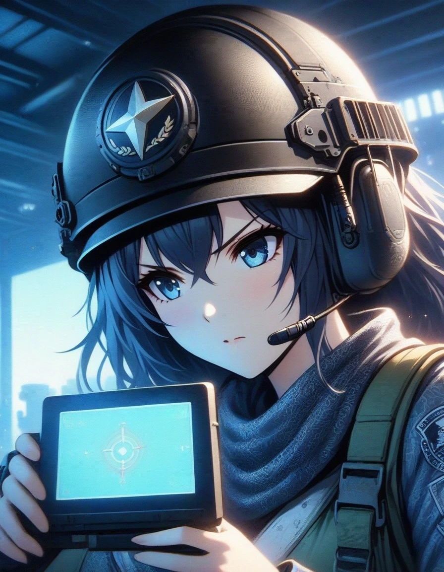 Close-up of Shangri-La, a girl alone, making a battle plan,  wearing a helmet，video game《Azur route》role in, ,Wearing a red five-pointed star badge，Ark Night,  fine details., Azure Lane style, aircraft carrier girl，The strongest hero，Military temperament，Inside the aircraft carrier warehouse in the background，blue theme