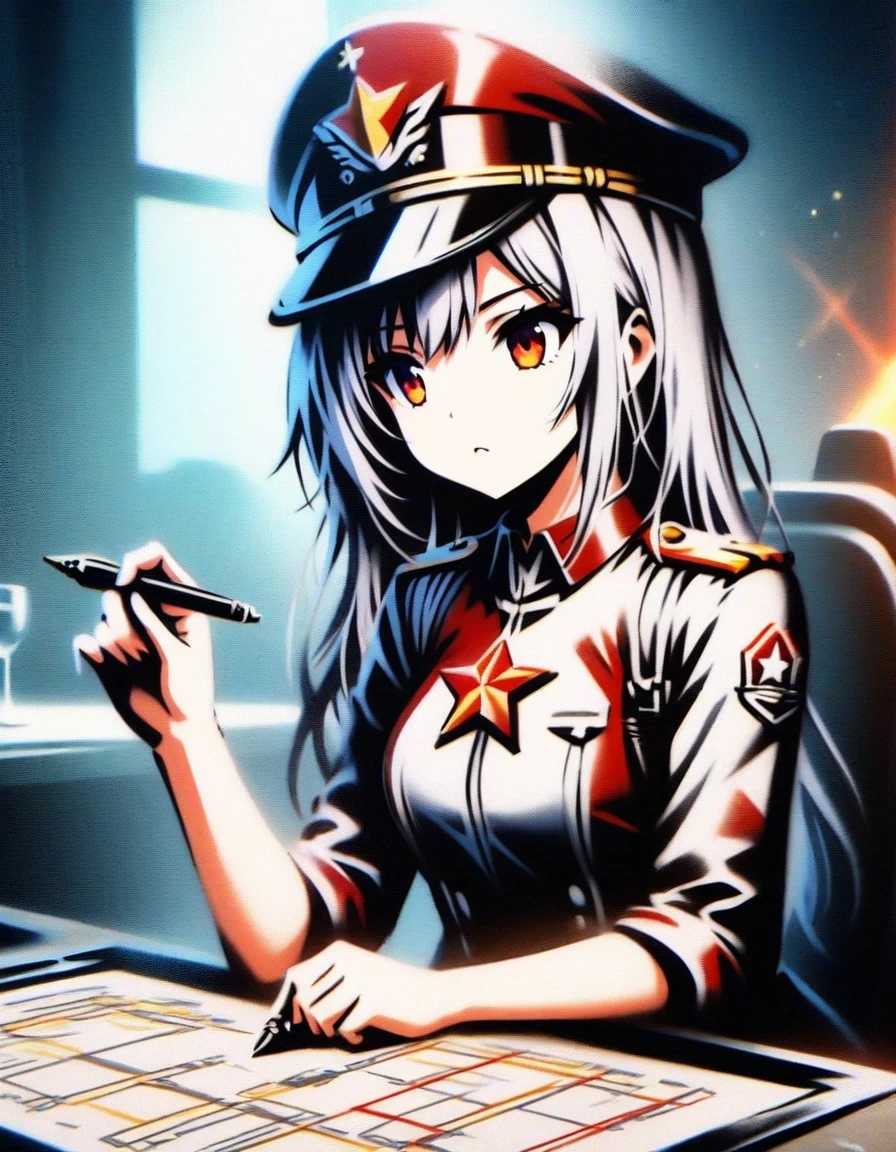 Close-up of a young girl sitting at the table holding a pen, ,Making a battle plan,Wearing iconic clothing,uniform,Military cap with red five-pointed star badge,video game《Azur route》, ,Ark Night, fine details., Azure Lane style,