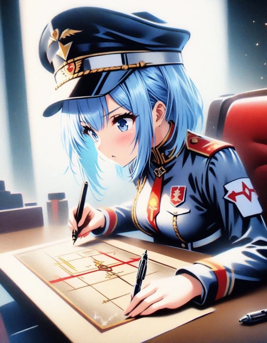 Close-up of a young girl sitting at the table holding a pen,  ，Making a battle plan，Wearing iconic clothing，uniform，Military cap with red five-pointed star badge，video game《Azur route》, ,Ark Night,  fine details., Azure Lane style, 