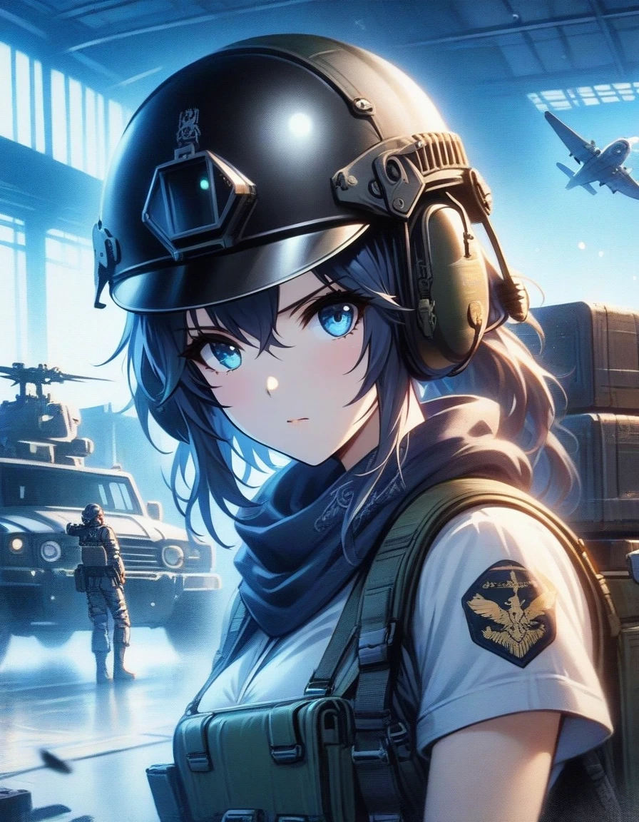 Close-up of Shangri-La, a girl alone, making a battle plan,  wearing a helmet，video game《Azur route》role in, ,Ark Night,  fine details., Azure Lane style, aircraft carrier girl，The strongest hero，Military temperament，Inside the aircraft carrier warehouse in the background，blue theme