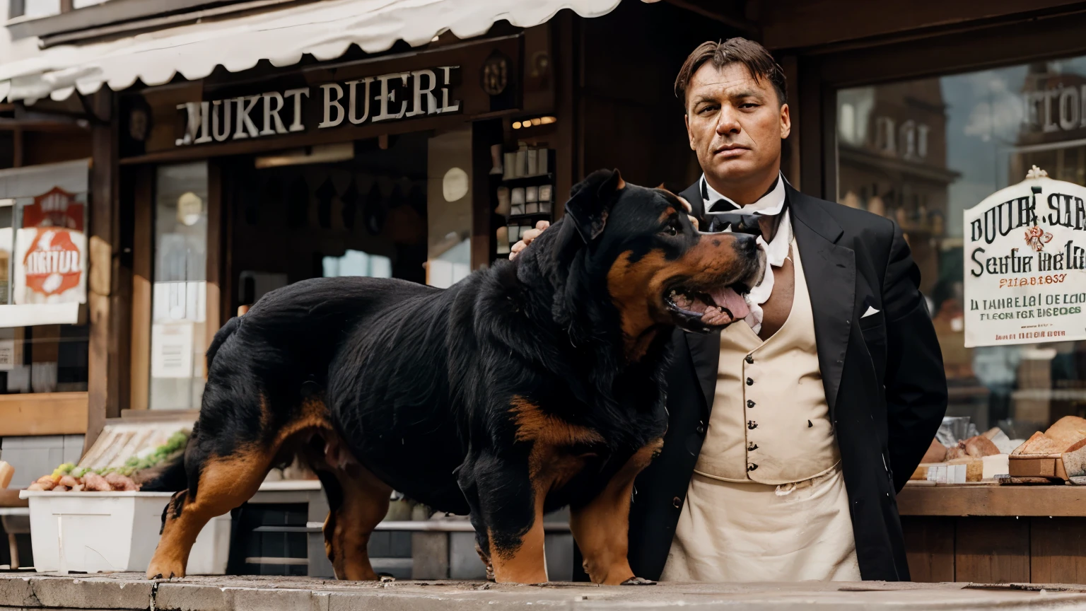 a Rottweiler next to a German butcher in 1880