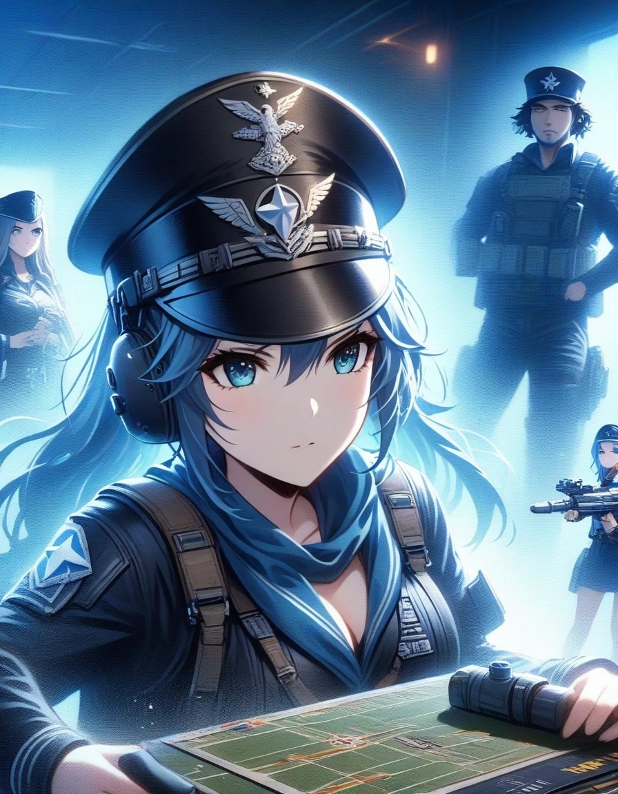 Close-up of Shangri-La, a girl alone, making a battle plan,  （Military cap with red five-pointed star badge），video game《Azur route》role in, ,Ark Night,  fine details., Azure Lane style, aircraft carrier girl，The strongest hero，Military temperament，Inside the aircraft carrier warehouse in the background，blue theme