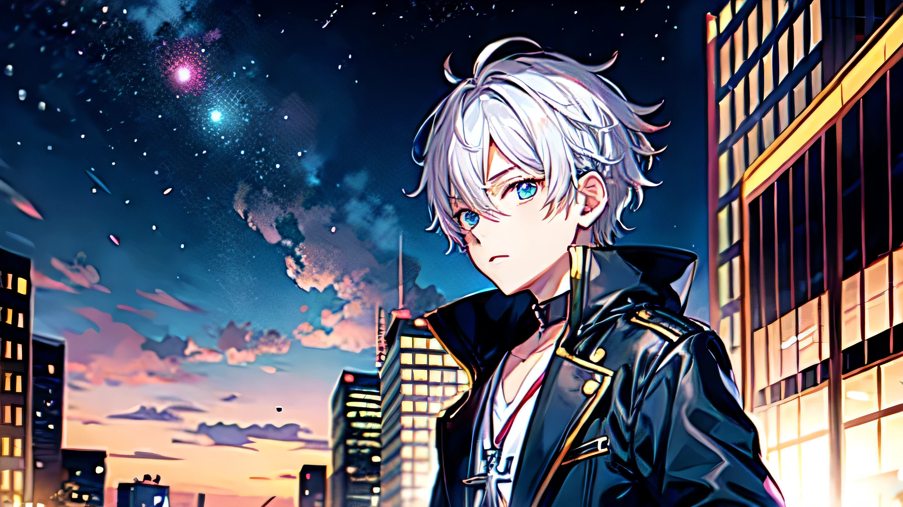 1 boy,silver hair, (sketch:1.2), anime key visual, midnight, f/8, city pop