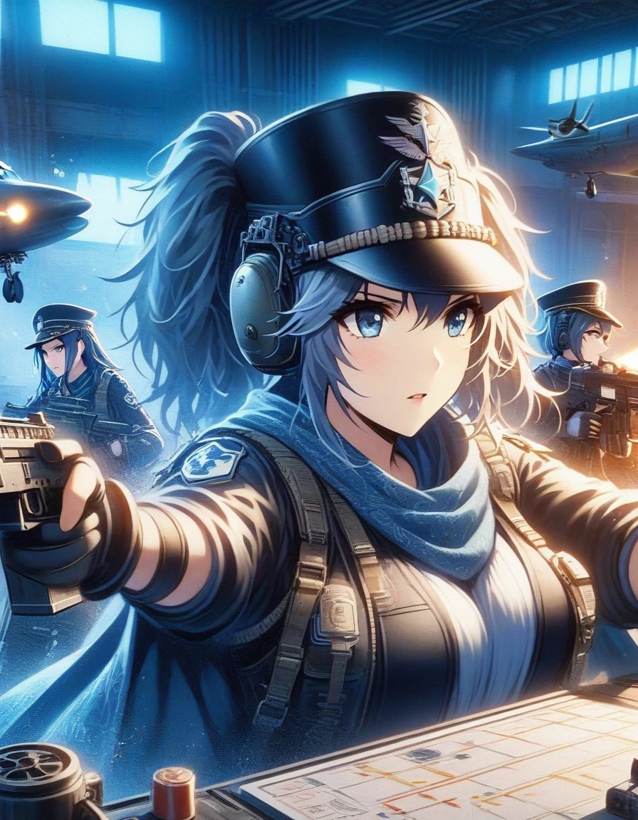 Close-up of Shangri-La, a girl alone, making a battle plan,  （Military cap with red five-pointed star badge），video game《Azur route》role in, ,Ark Night,  fine details., Azure Lane style, aircraft carrier girl，The strongest hero，Military temperament，Inside the aircraft carrier warehouse in the background，blue theme