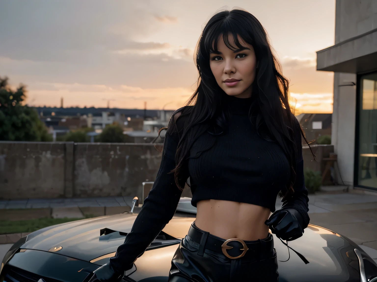 Foreground: a gorgeous Bettie page, age 18, wet wavy black in the wind. she's a men magazine model, She has a subtle smile and flirts with the camera, (she wears casual shirt , black gloves, with a long wool sweater and latex pants with big belt:1.2),background gorgeous modern bedroom, (in sunset light:1.2), perfect eyes, perfect hands, perfect body, perfect hair, perfect breast, hair behind ear, UHD, retina, masterpiece, accurate, anatomically correct, textured skin, super detail, high details, high quality, award winning, best quality, highres, 16k, 8k,