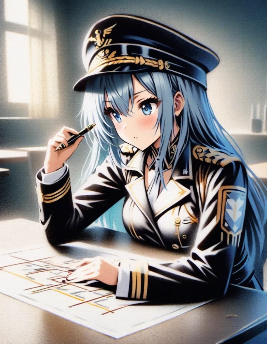 Close-up of a young girl sitting at the table holding a pen, ,Making a battle plan,Wearing iconic clothing,uniform,Wearing a military cap,video game《Azur route》, ,Ark Night, fine details., Azure Lane style,
