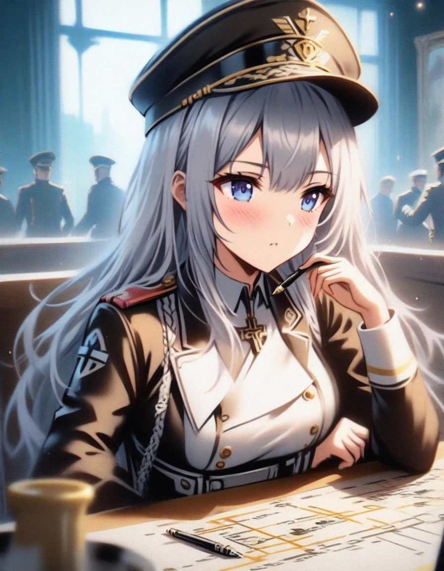 Close-up of a young girl sitting at the table holding a pen,  ，Making a battle plan，Wearing iconic clothing，uniform，Wearing a military cap，video game《Azur route》, ,Ark Night,  fine details., Azure Lane style, 