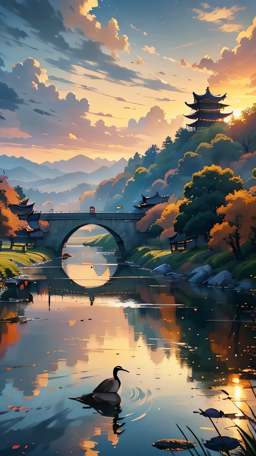 Embroidery，Leaning over，Yamabara has a clear view，Kawasawa was shocked。Lu Yan flew to the ground，Bells Food House；Shipultyazu，The home of the Green Sparrow Yellow Dragon Armour。The clouds are raining，Cai Che District Ming。The sunset and the solitary crane fly together，The autumn water is the same for a long time。Fishing boats sing late，Sounded the shore of poor Penley；The wild geese were frozen，The sound cuts off the shop of Hengyang。(Sunset landscape painting)，((The vista is a huge sunset over the skyline))，(Connected to the lake)，((Flying birds))，((Several ships))，Autumn tones，（an Chinese ink painting style），（Masterpiece），（Extremely detailed picture description），（8k wallpaper），（Master painting），（Noticeable light and shadow effects），（Ray traching），（Obvious layers），（depth of fields），（best qualityer）,Ray