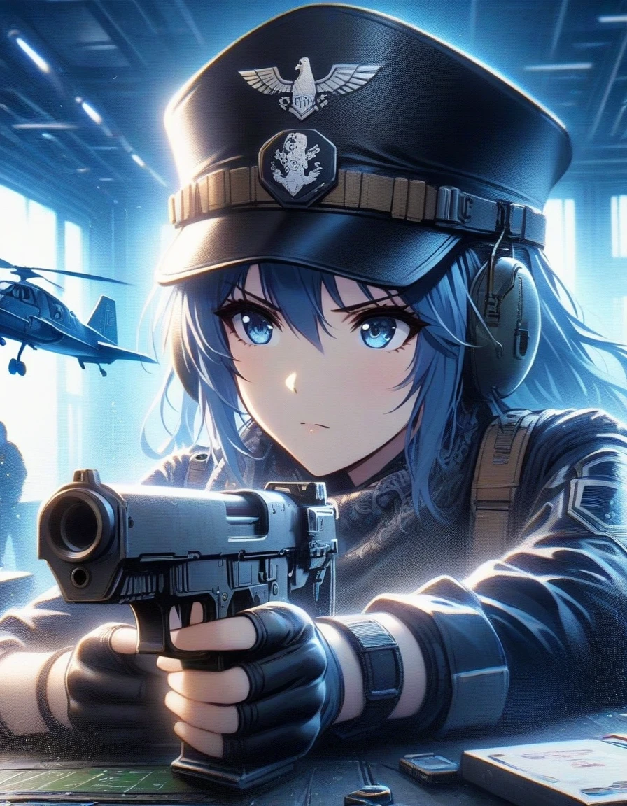 Close-up of Shangri-La, a girl alone, making a battle plan,  Wearing a military cap，video game《Azur route》role in, ,Ark Night,  fine details., Azure Lane style, aircraft carrier girl，The strongest hero，Military temperament，Inside the aircraft carrier warehouse in the background，blue theme