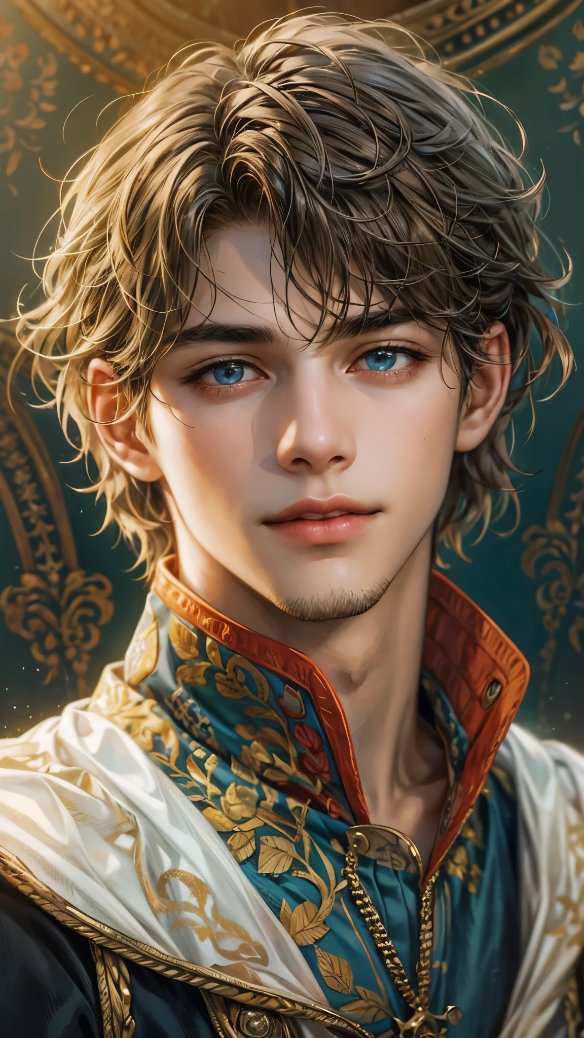 Portrait of the highest quality - 1 boy., 17 years, teenage, character from game of thrones, short hair, with golden strands, azure blue big eyes, lake, Solo-focal facial treatment for teenagers, shirtless , Beautiful, smiling, dynamic pose, detailed and correct facial structure, perfect face, extremely detailed, Dynamic angle, cowboy shot, The Most Beautiful Shape, elegant, Bright colors, romanticism, atmospheric. Bright, contrasting colors ! photo portrait of a handsome boy in the highest quality