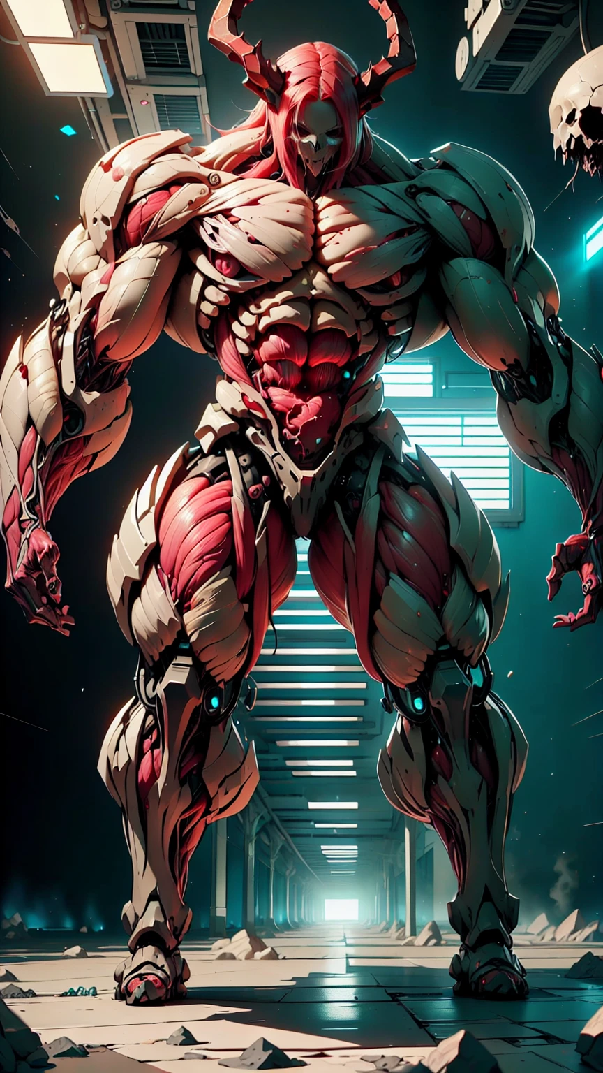 Cinematic, clear facial features and insanely detailed, the image captures the essence of (1 girl), (megan fox:1.25), (long red hair), (carnage skinless bio-mecha:1.25), (1 super muscular undead skinless succubus with gigantic horns:1.25), (covered in red necrotic skinless bio-mecha muscle:1.25), (exposed muscles & veins everywhere:1.25), (perfect fingers:1.25) (full body pose:1.25). The color grading is beautifully done, enhancing the overall cinematic feel. Unreal Engine makes her appearance even more mesmerizing. With depth of field (DOF), every detail is focused and accentuated, drawing attention to her eyes and hair. Peak image resolution utilizing super-resolution technology ensures pixel perfection. Cinematic lighting enhances her aura, while anti-aliasing techniques like FXAA and TXAA keep the edges smooth and clean. Adding realism to the muscular bio-mecha succubus , RTX technology enables ray tracing. Additionally, SSAO (Screen Space Ambient Occlusion) gives depth and realism to the scene, the girl's presence even more convincing. In the post-processing and post-production stages, tone mapping enhances the colors, creating a captivating visual experience. The integration of CGI (Computer-Generated Imagery) and VFX (Visual Effects brings out her demonic features seamlessly . Incredible level of detail, with intricate elements meticulously crafted, the artwork hyper maximalist and hyper-realistic. Volumetric effects add depth and dimension, with unparalleled photorealism. 8k resolution rendering ensures super detailed visuals. The volumetric lighting adds a touch of magic, highlighting her beauty and aura in an otherworldly way. High Dynamic Range (HDR) tech makes the colors pop, adding richness to the overall composition. Ultimately, this artwork presents an unreal, yet stunningly real portrayal of an incredibly beautiful bio-mecha succubus girl. The sharp focus ensures that every feature is crisply defined, creating a captivating presence. (girl face:1.45)