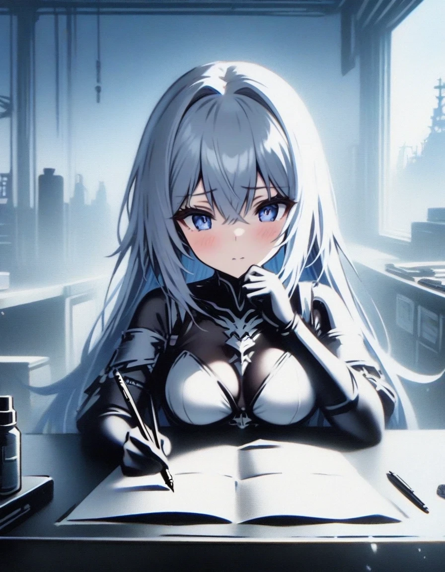 Close-up of an aircraft carrier girl warrior Shangri-La sitting at the table making plans with a pen,  video game《Azur route》role in,   fine details., Azure Lane style, The girl warrior Kanmu is known as the strongest hero in White Eagle with aliases such as &quot;Gray Ghost&quot;.、Ascetic military temperament，Inside the aircraft carrier warehouse in the background，blue theme