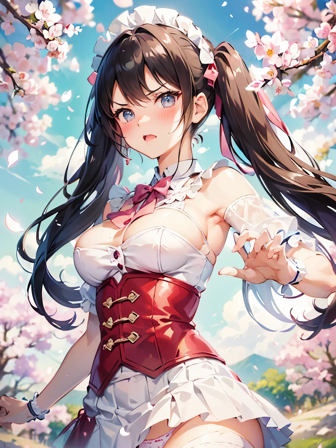 masterpiece,((highest quality)),8k wallpaper,precise expression,((very detailed explanation)). ((female 1)),20-year-old,super beauty,((Fine facial details)),perfect anatomy,correct anatomy,perfect face,perfect arms,,perfect fingers,perfect waist,perfect thighs,twin tails,beautiful black hair,view audience,Camera flash reflected in the eyes,((angry:1.1)),((embarrassing 1.1)),((Very detailed depiction of facial parts)),((blush:1.5)),Wear a white blouse with frills on the collar,wearing a purple corset,maid cosplay,white miniskirt with white frills,((lift the hem of the skirt)),((Show off your panties to your audience)),(showing off pink lace panties),white stockings,((75 degree angle from bottom)),close up shot,japanese model. The background is a cherry tree,spring,noon,The wind is blowing,Many cherry blossom petals flutter,wonderful.