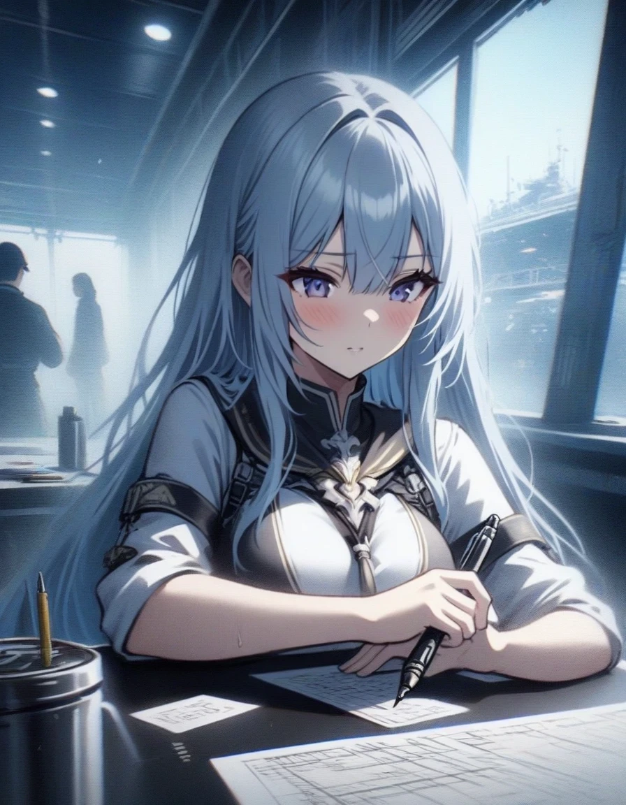 Close-up of an aircraft carrier girl warrior Shangri-La sitting at the table making plans with a pen, video game《Azur route》role in, fine details., Azure Lane style, The girl warrior Kanmu is known as the strongest hero in White Eagle with aliases such as "Gray Ghost".、Ascetic military temperament,Inside the aircraft carrier warehouse in the background,blue theme