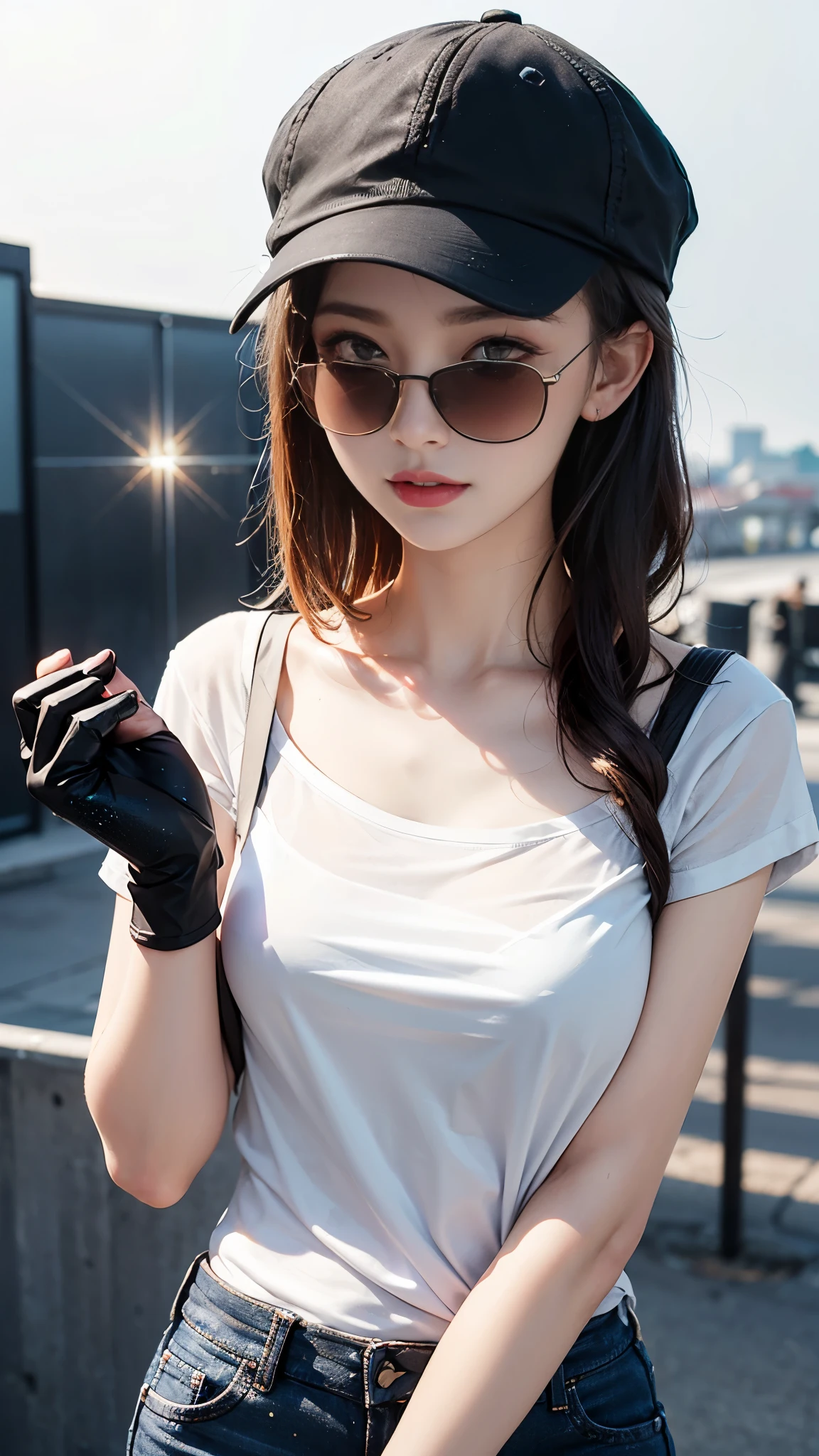 (best quality:1.2,4k ultra hd:1.2), a girl, beautiful face, full and glossy lips, long flowing hair, perfectly straightened, small breasts, (gradient white t-shirt:1.5), (black straps t-shirt:1.4), wrist gloves, black jeans, complete with a cap, (sparkling sunglasses:1.5), capturing her character and charm, with a blurred background enhancing the relaxed atmosphere, showcasing her confidence and elegance,