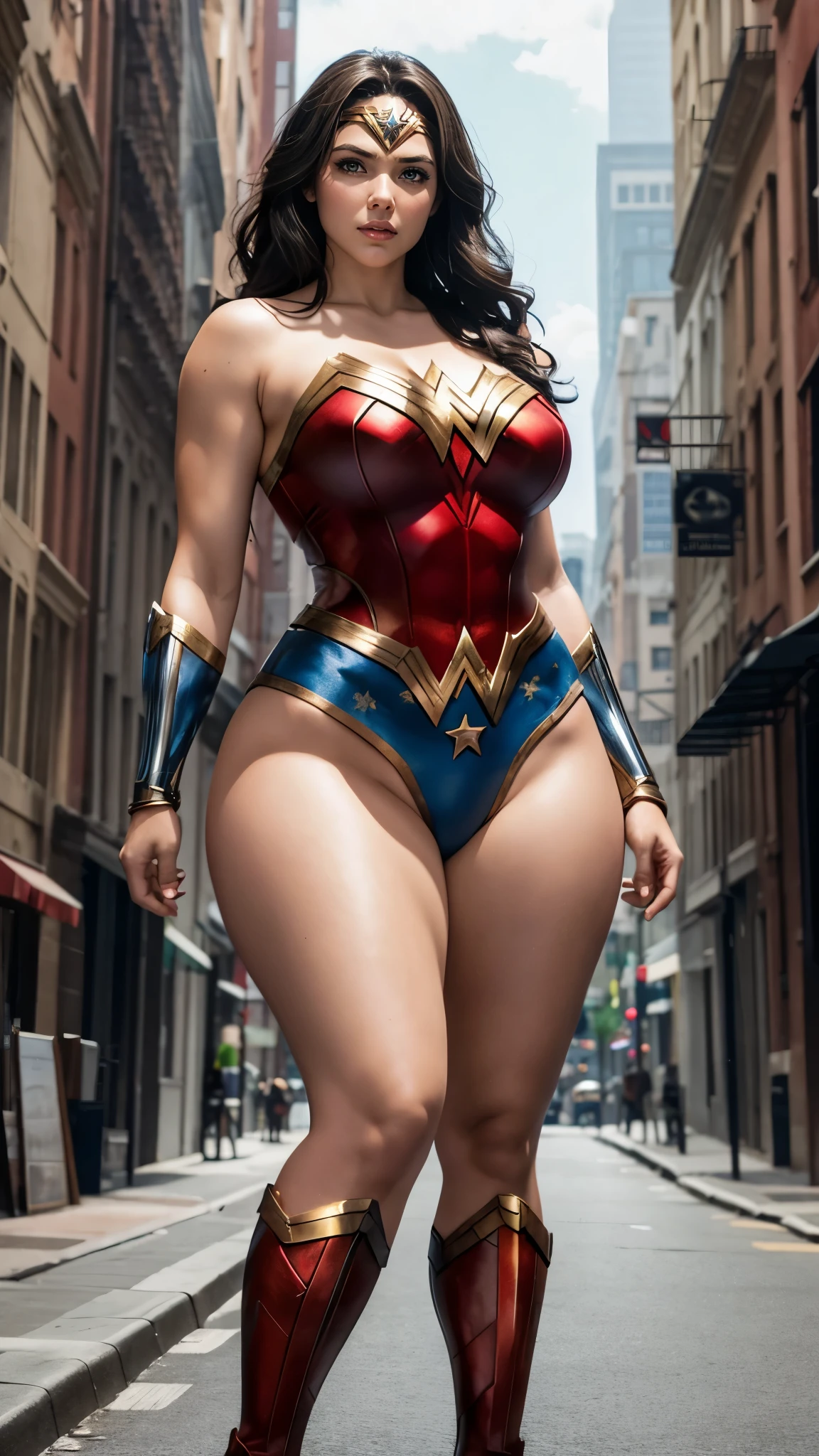 Wonder Woman, wide hips, curvy, long legs, big ass, beautiful eyes, beautiful, full body, thick high, sexy swimsuit outfit, background city, fighting