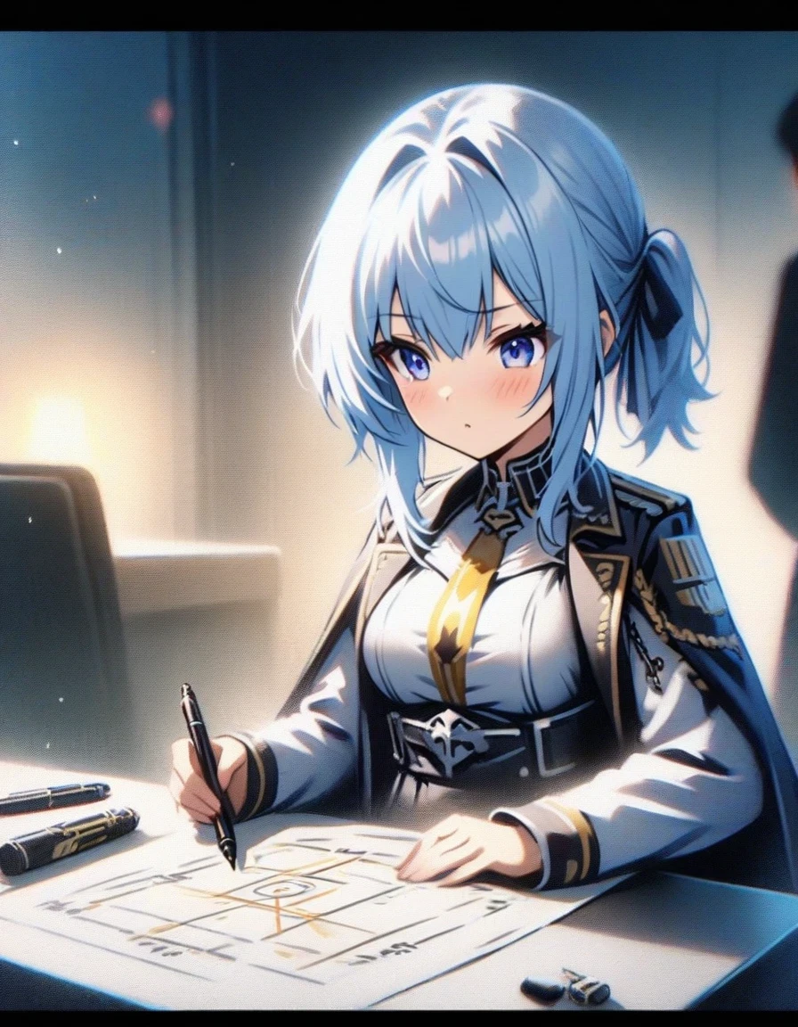 Close-up of a young girl sitting at the table holding a pen,  ，Making a battle plan，Wearing iconic clothing，Military uniform video games《Azur route》role in, ,Ark Night,  fine details., Azure Lane style, 