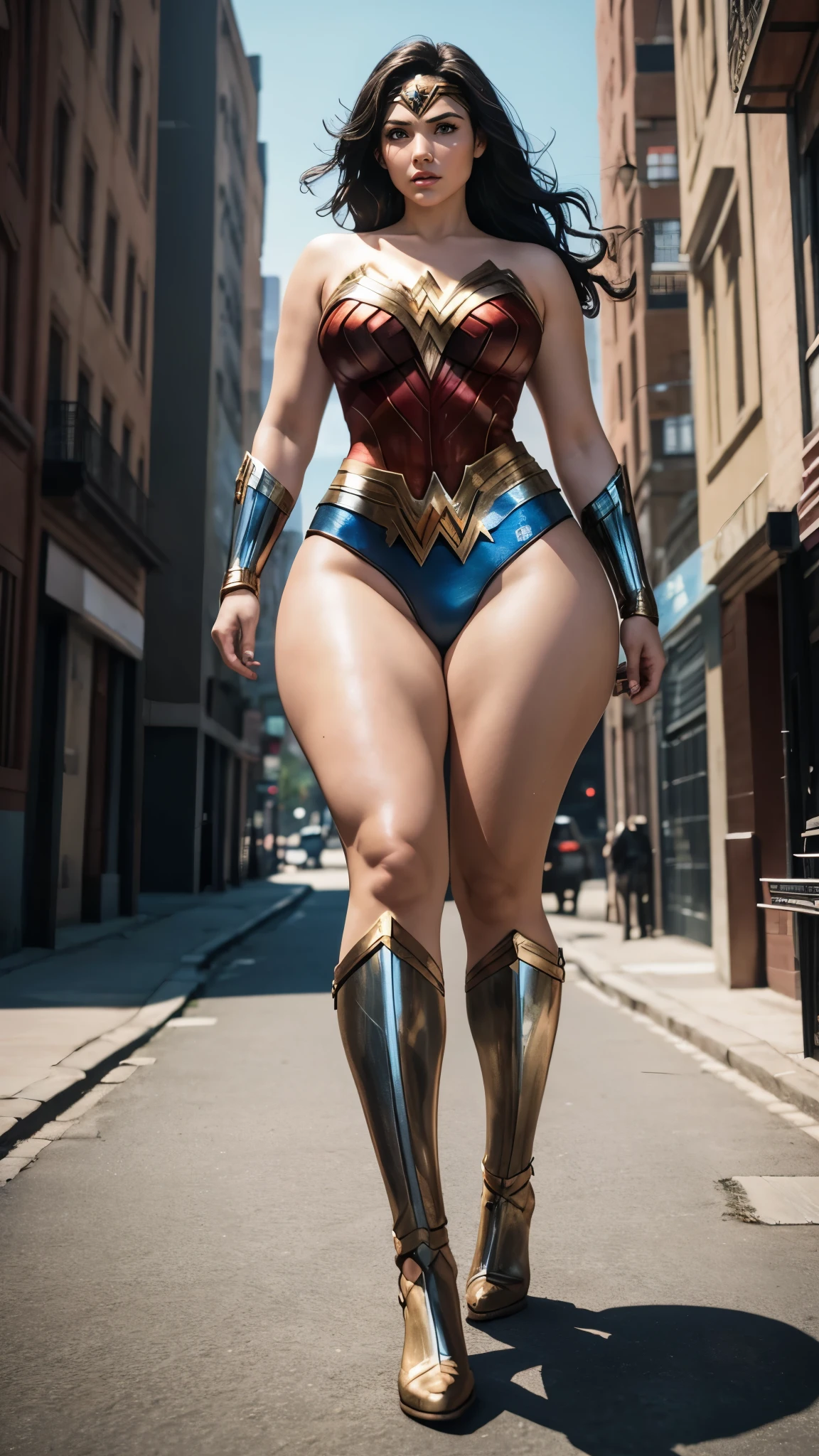 Wonder Woman, wide hips, curvy, long legs, big ass, beautiful eyes, beautiful, full body, thick high, sexy swimsuit outfit, background city, fighting 