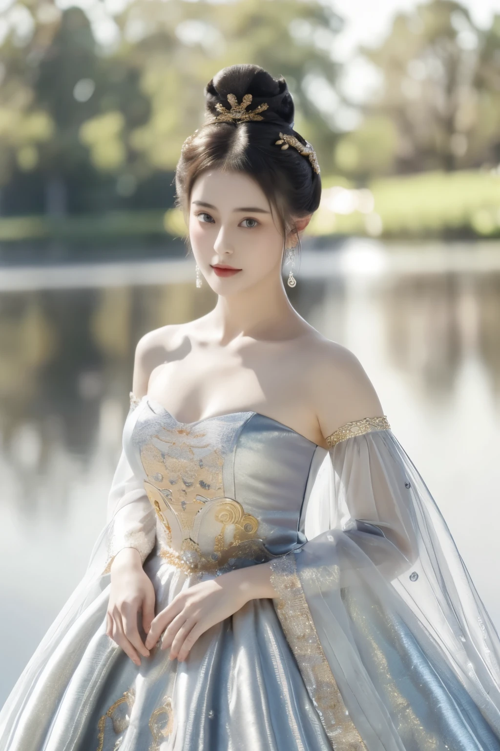 1 girl, alone, masterpiece, Gorgeous metal style，Extreme details, send 1 cloud ice,short hair,髮bun,big hair,hair standing on end,bun, delicate eyes, metal crown，Decorated with ornate stripes, flowing hair, details on face, Clothes made of silver, gold lace dress, ,