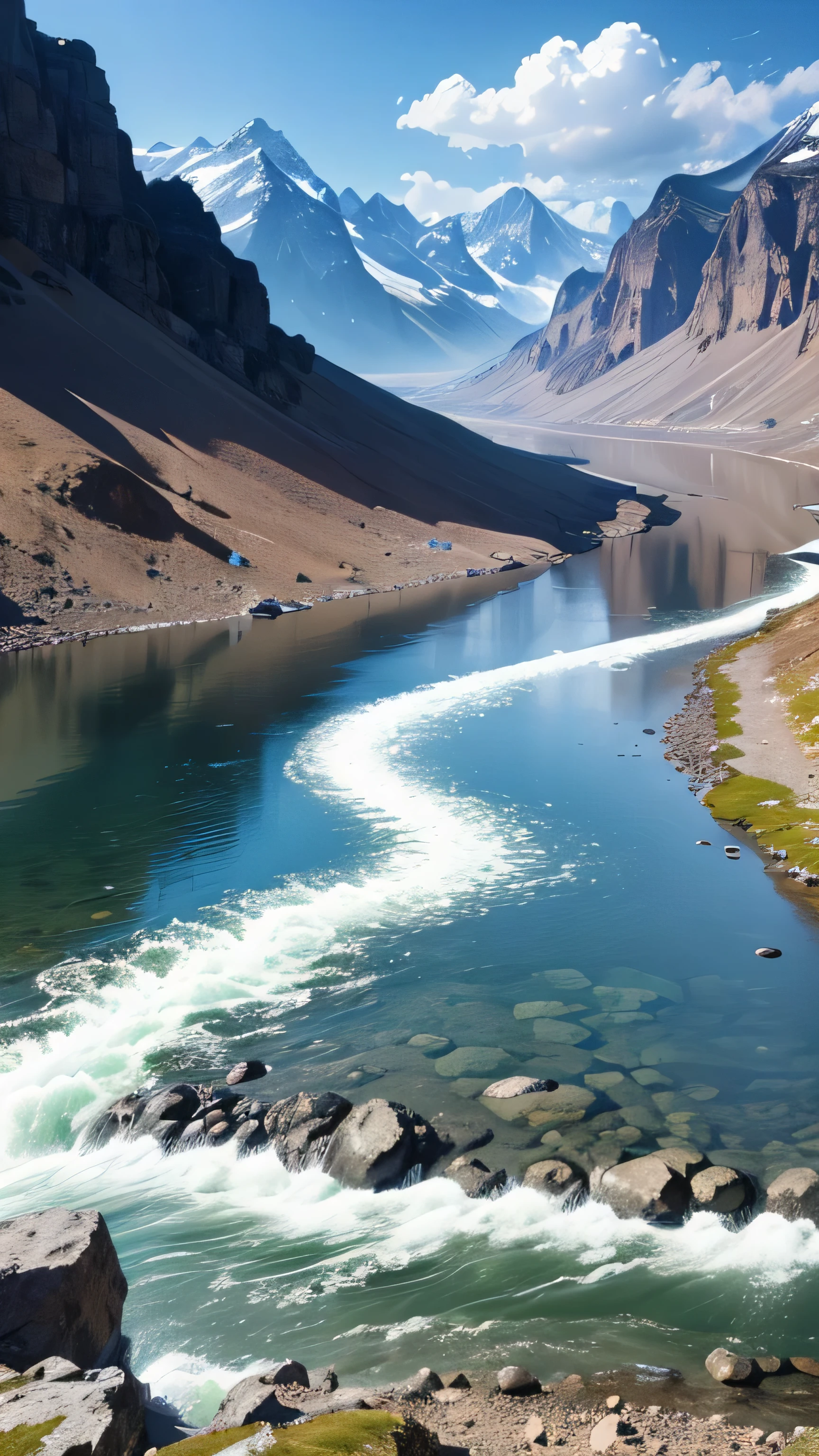a mountain with a clear river flowing, 8k, high resolution, close up