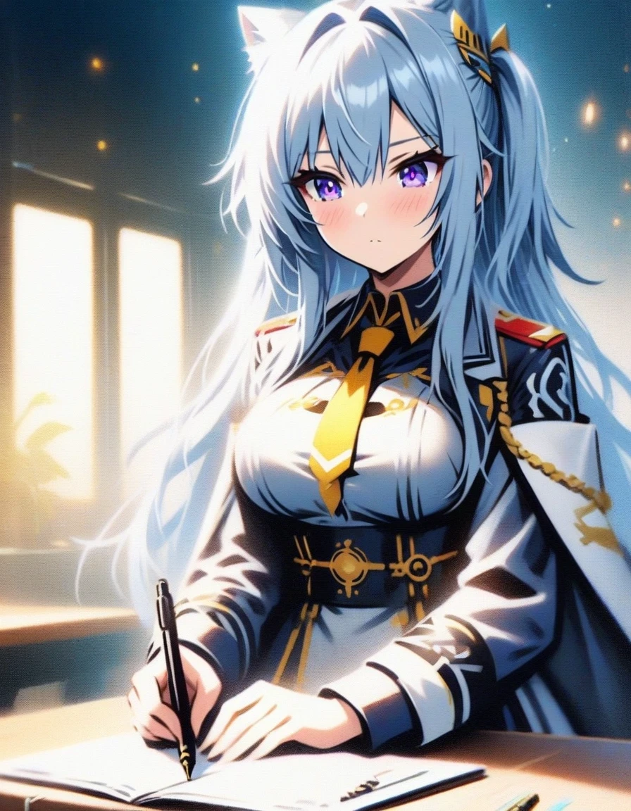 Close-up of a ******* girl sitting on the table holding a pen,  Wearing iconic clothing，Military uniform video games《Azur route》role in, ,Ark Night,  fine details., Azure Lane style, 