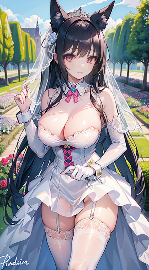 high quality, masterpiece, super detailed, 1 girl,  extremely detailed faces, Wedding dress，White latex bunny girl，White fishnet stockings，handcuffs，collar，Calm expression,Smile，handcuffs，collar，long black hair, charming pink eyes, fox ears, Ridiculously big, shiny skin, Outdoor sports, garden, Medieval western town, 