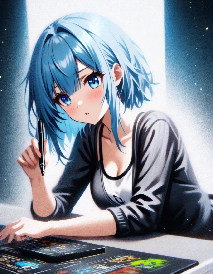 Close-up of a teenage girl sitting on the table holding a pen,  video game《Azur route》role in, ,Ark Night,  fine details., Azure Lane style, 