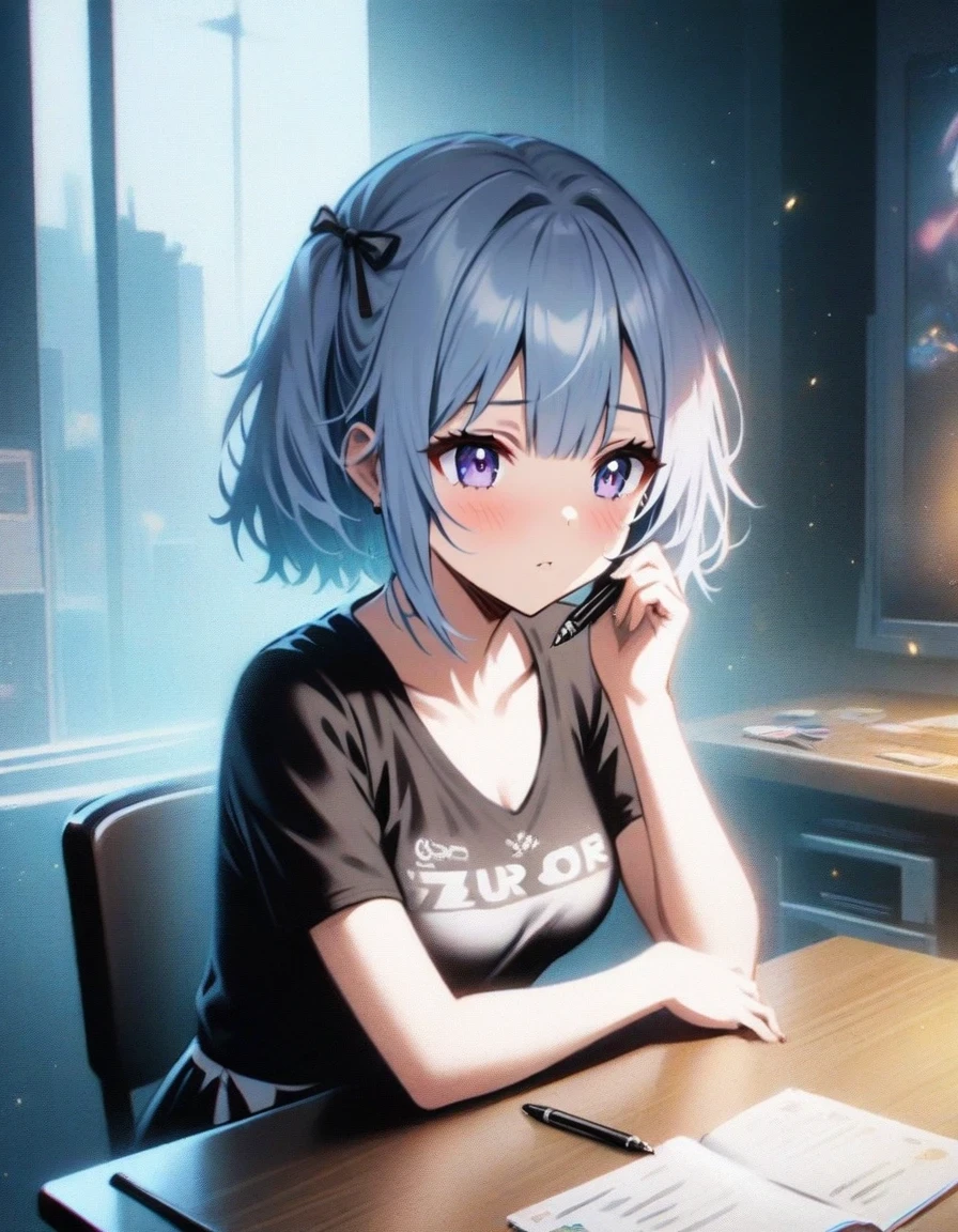 Close-up of a  girl sitting on the table holding a pen,  video game《Azur route》role in, ,Ark Night,  fine details., Azure Lane style, 