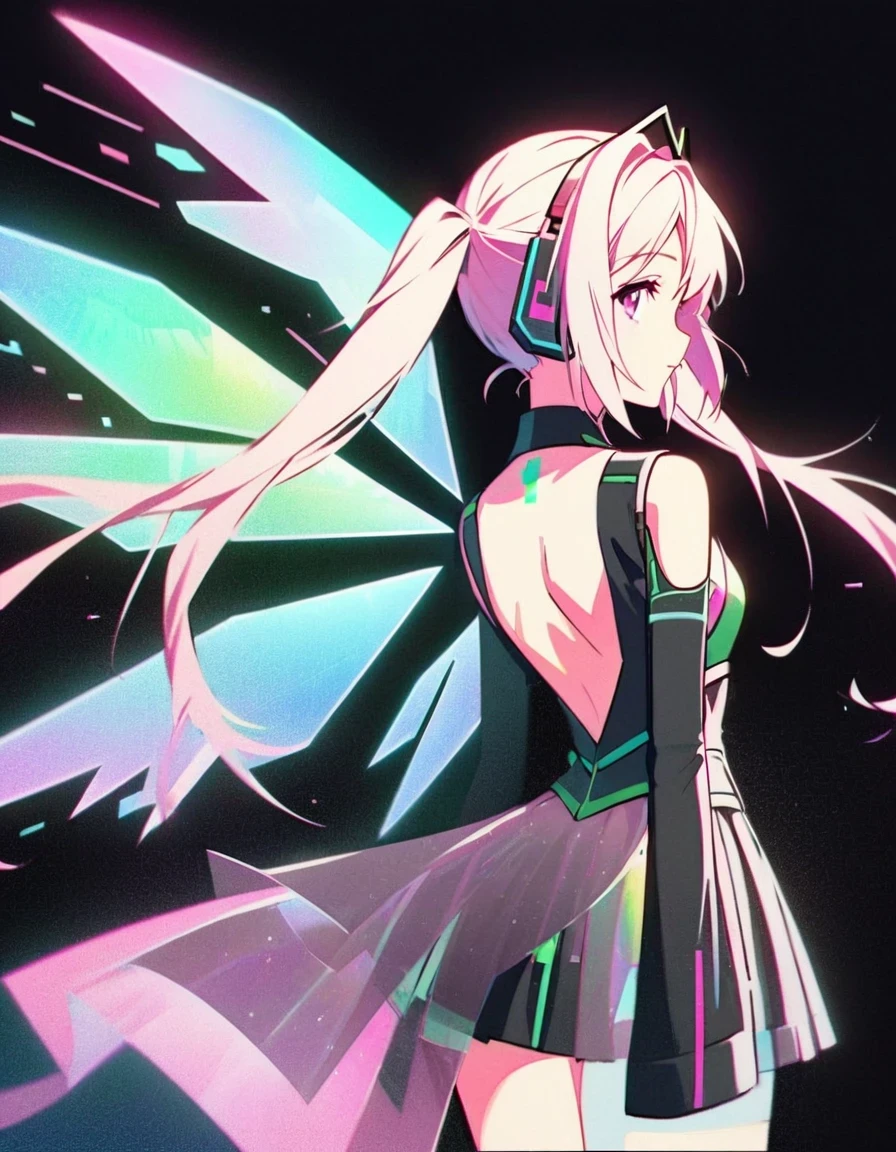 in style of blueprint art  ,Hatsune Miku carries a pair of transparent wings，back view，Wear iconic outfits and hairstyles，Green extra long double ponytails，Ethereal Holographic Center, neon wings, Founding Angel, Transparent holographic existence, projection mapping，Beautiful details on black background