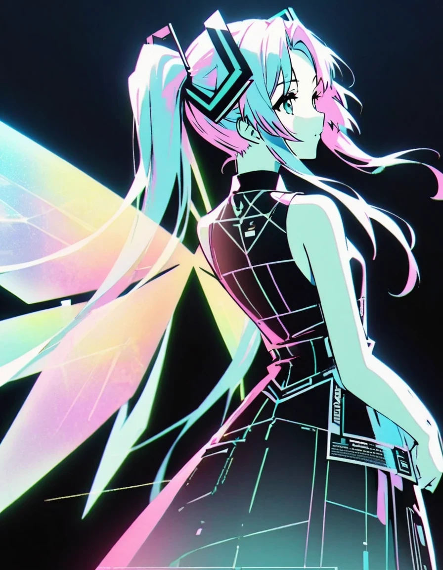 in style of blueprint art  ,Hatsune Miku carries a pair of transparent wings，back view，Wear iconic outfits and hairstyles，Green extra long double ponytails，Ethereal Holographic Center, neon wings, Founding Angel, Transparent holographic existence, projection mapping，Beautiful details on black background