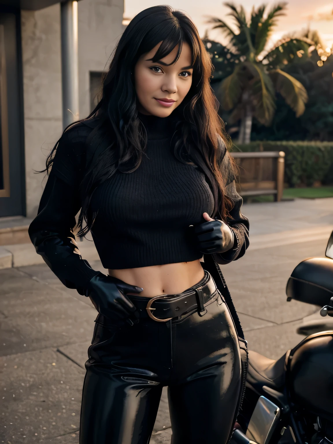 Foreground: a gorgeous Bettie page, age 18, wet wavy black in the wind. she's a men magazine model, She has a subtle smile and flirts with the camera, (she wears casual shirt , black gloves, with a long wool sweater and latex pants with big belt:1.2),background gorgeous modern bedroom, (in sunset light:1.2), perfect eyes, perfect hands, perfect body, perfect hair, perfect breast, hair behind ear, UHD, retina, masterpiece, accurate, anatomically correct, textured skin, super detail, high details, high quality, award winning, best quality, highres, 16k, 8k,